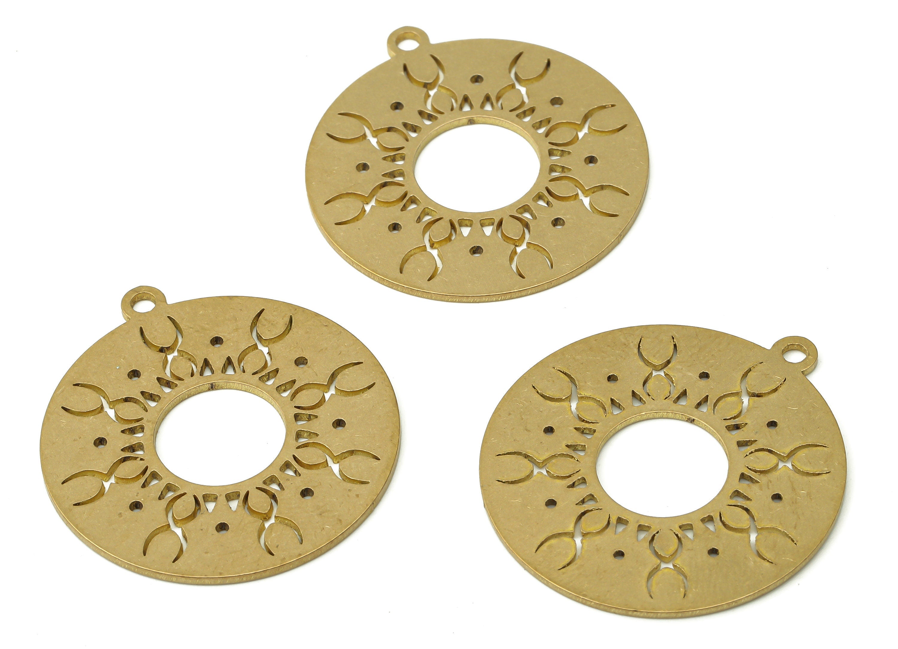 Brass Round Laser Cut Earrings Charms - Raw Brass Textured Sun Rays Pendants Charm - Jewelry Making Supplies - 31.74x28.94x0.88mm - PPA3938 - DOMEDBAZAAR