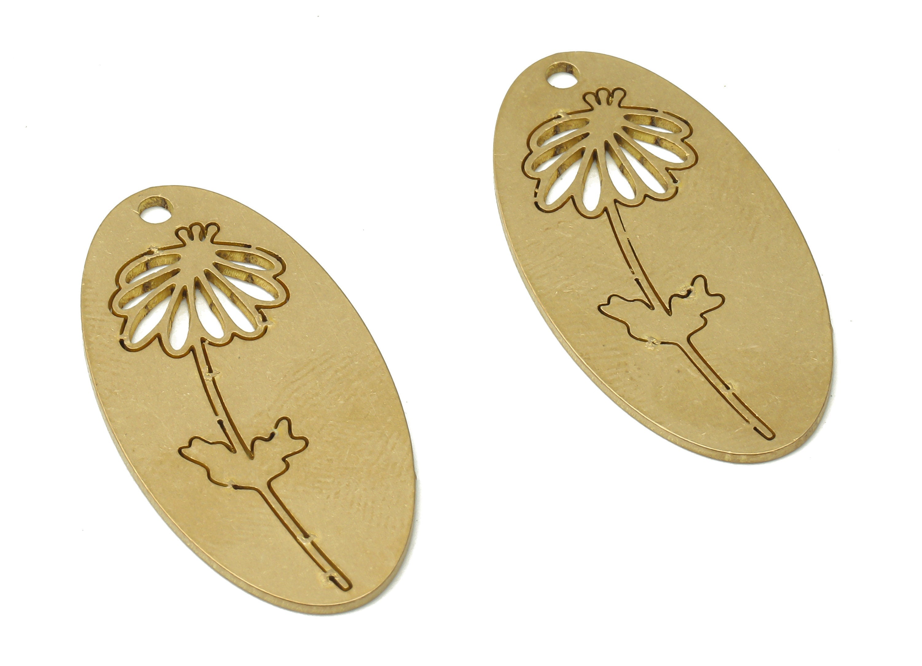 Brass Long Oval Daisy Flower Earrings Charm - Oval Raw Brass Flower Pendants Charms - Jewelry Making Supplies - 34.87x17.53x0.94mm - PPA3967 - DOMEDBAZAAR