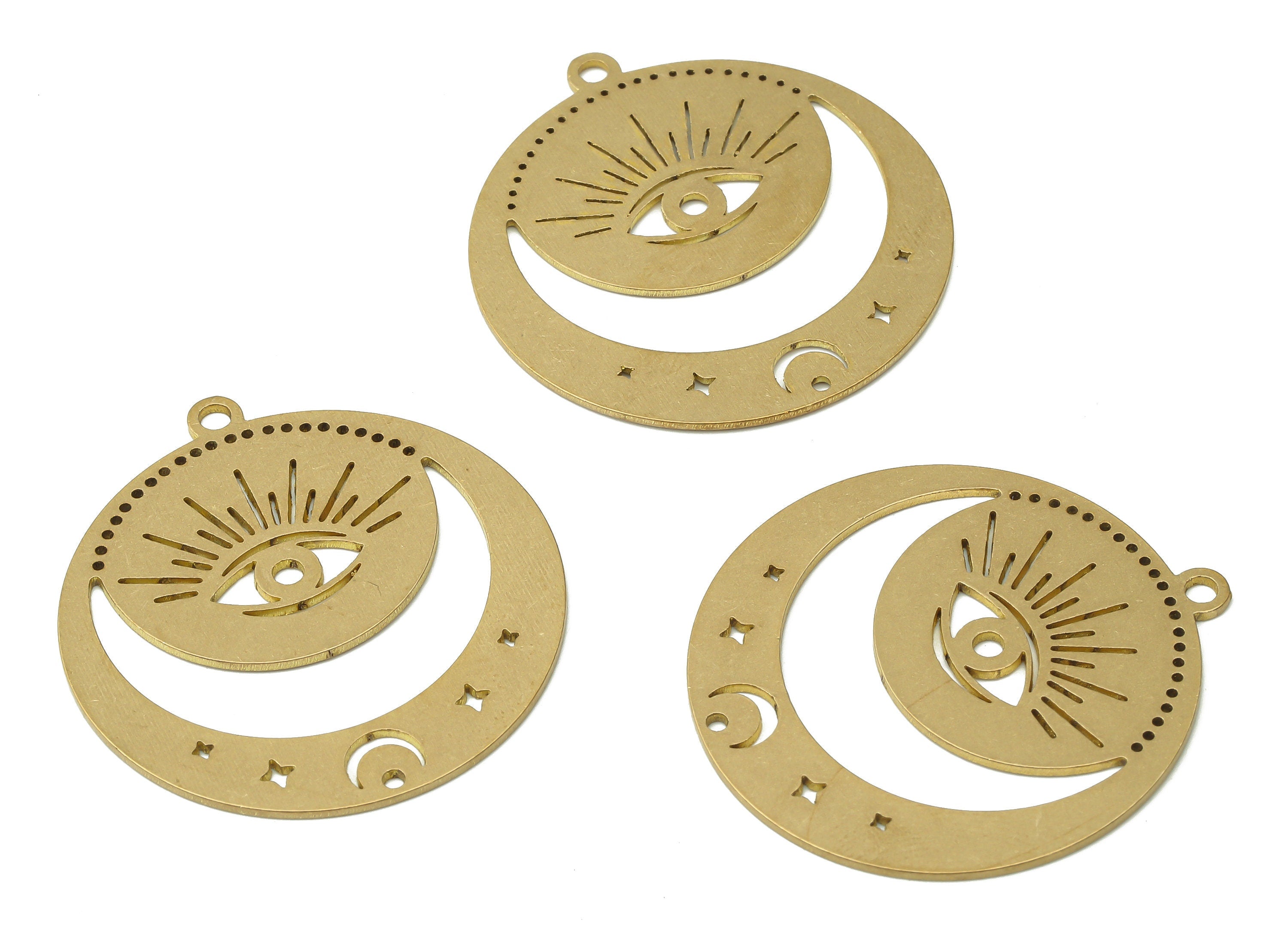 Evil Eye Pendent Charms - Raw Brass Moon and Evil Eye Earring Charms - Brass Laser Cut Crescent Pendant Charm -34.76x31.99x0.75mm- PPA4004 - DOMEDBAZAAR