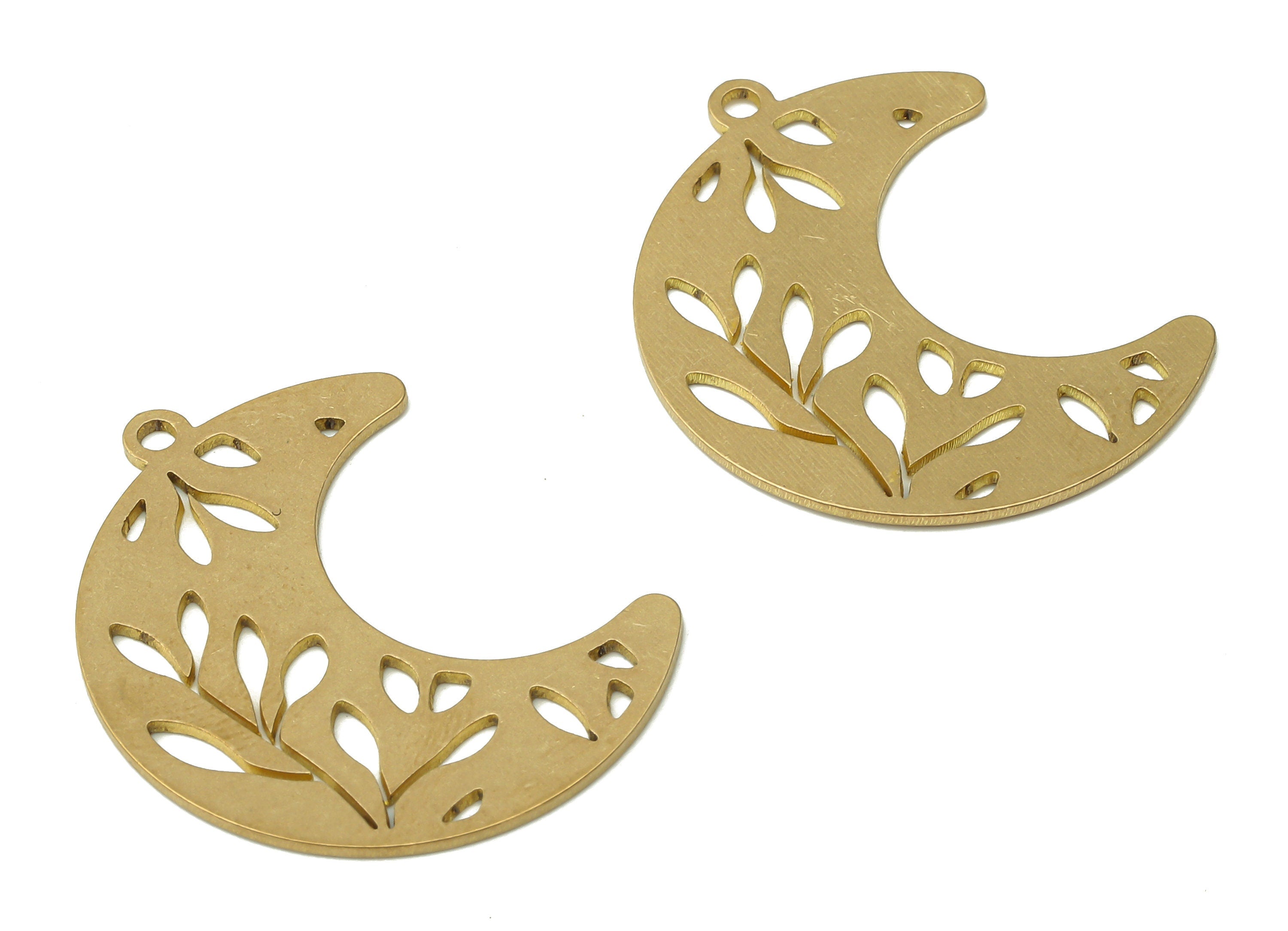 Raw Brass Earring Charm - Moon Flower Pendant Charm - Brass Crescent Charms - Laser Cut Jewelry - 29.65x23.28x0.78mm- PPA4006 - DOMEDBAZAAR