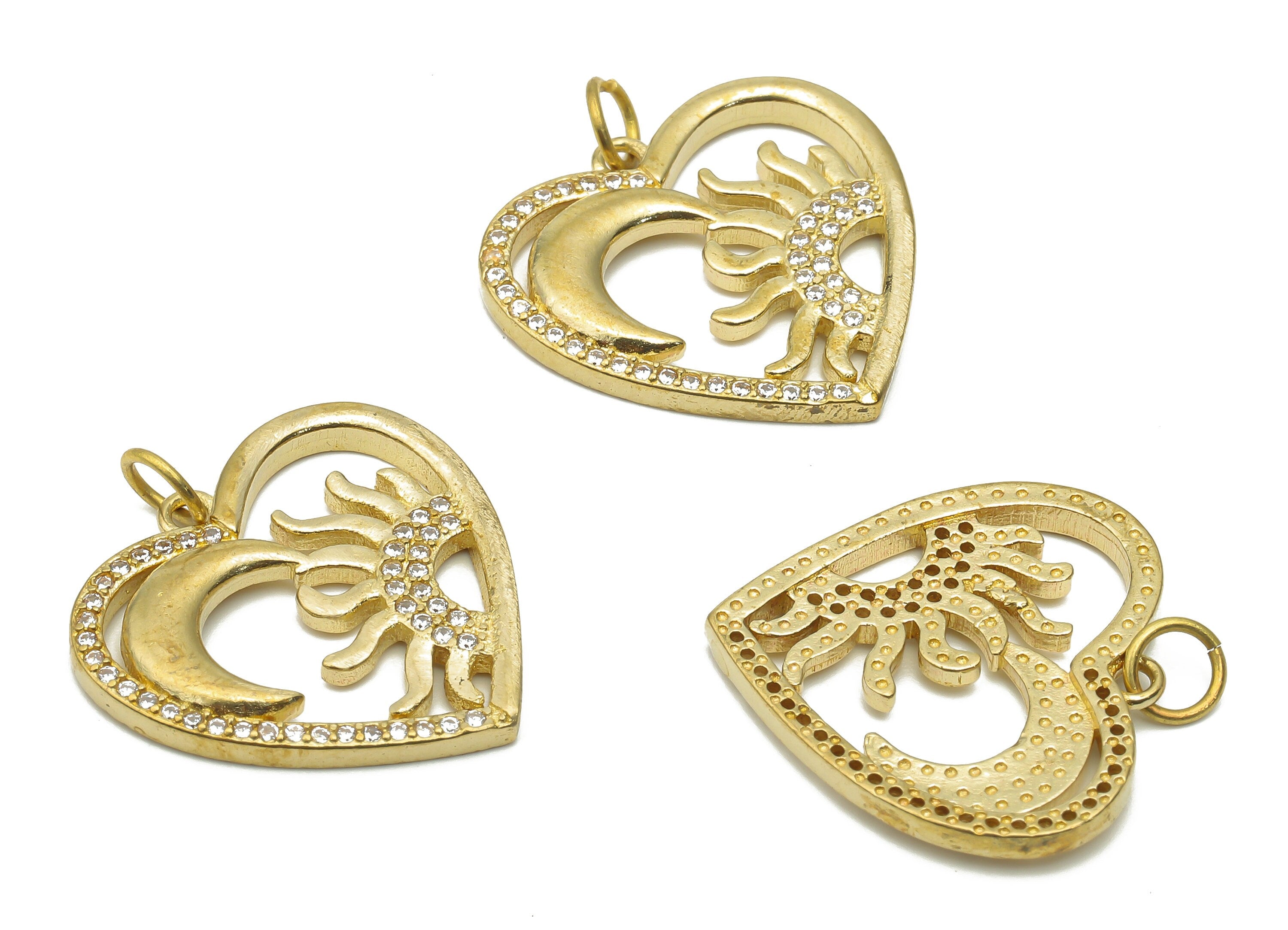 Brass Heart Pendant - Raw Brass Crescent Pendant with Zircons - Brass Sun Necklace - Raw Brass Moon Pendant - 21.35x20.92x2.5mm - PP7624 - DOMEDBAZAAR