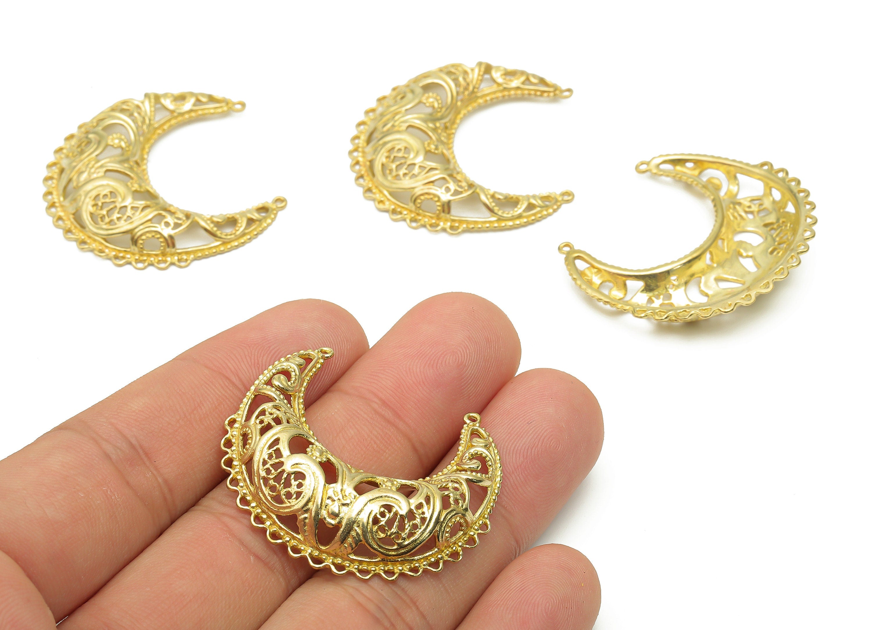 Brass Crescent Earrings Connectors - Brass Moon Connectors - Brass Moon Pendant - Raw Brass Moon Connectors - 37.16x34.47x2.48mm - PP7639 - DOMEDBAZAAR