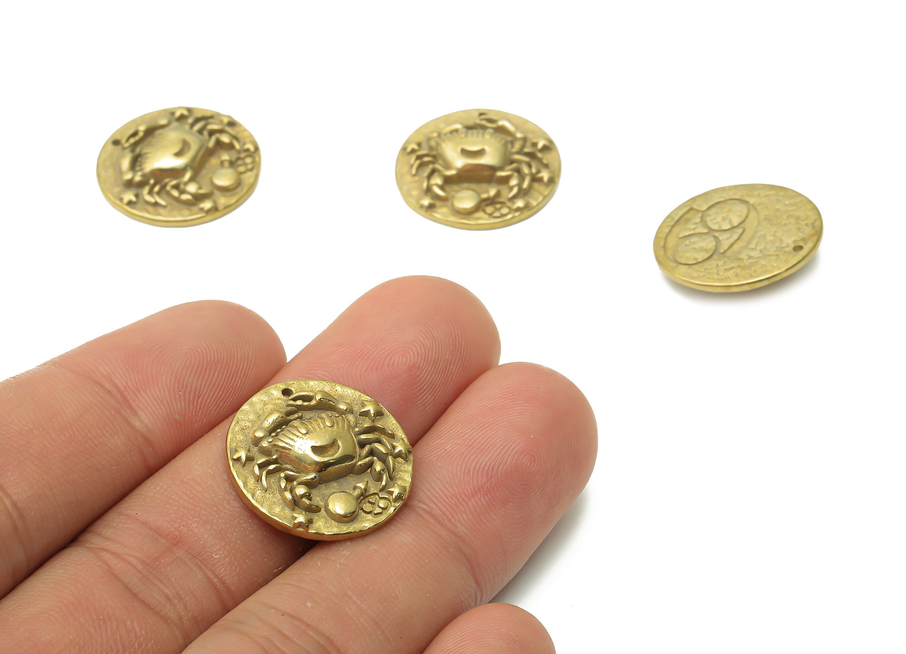 Cancer Round Charm - Raw Brass Star Pendant - Brass Zodiac Pendant - Brass Horoscopes Cancer Pendant - 19.4x19.4x4.4mm - PP7751D - DOMEDBAZAAR
