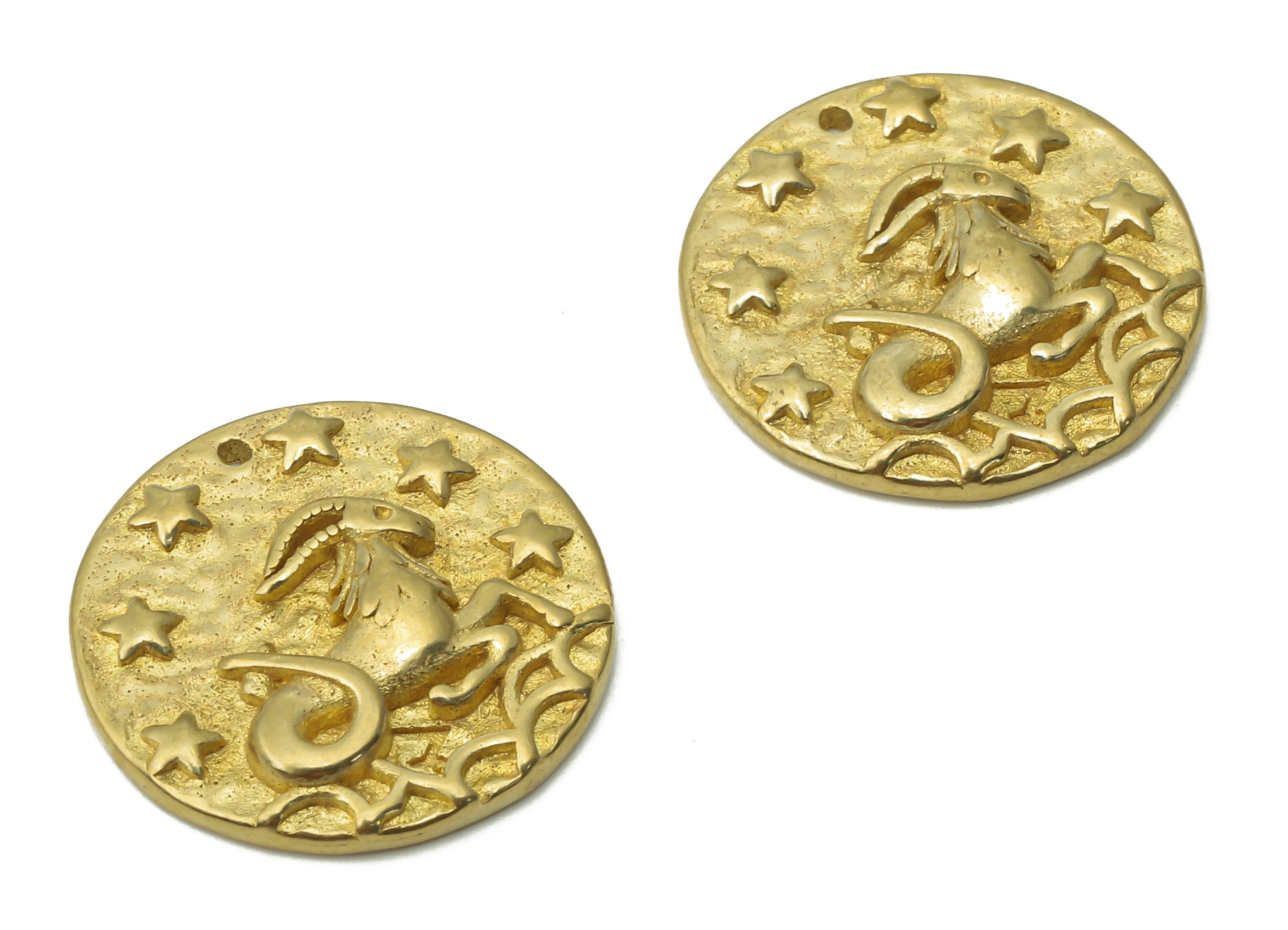 Capricorn Round Charm - Raw Brass Horoscopes Charms - Round Animal Pendant - Brass Zodiac Pendant - Star Necklace -19.4x19.4x3.4mm - PP7751F - DOMEDBAZAAR