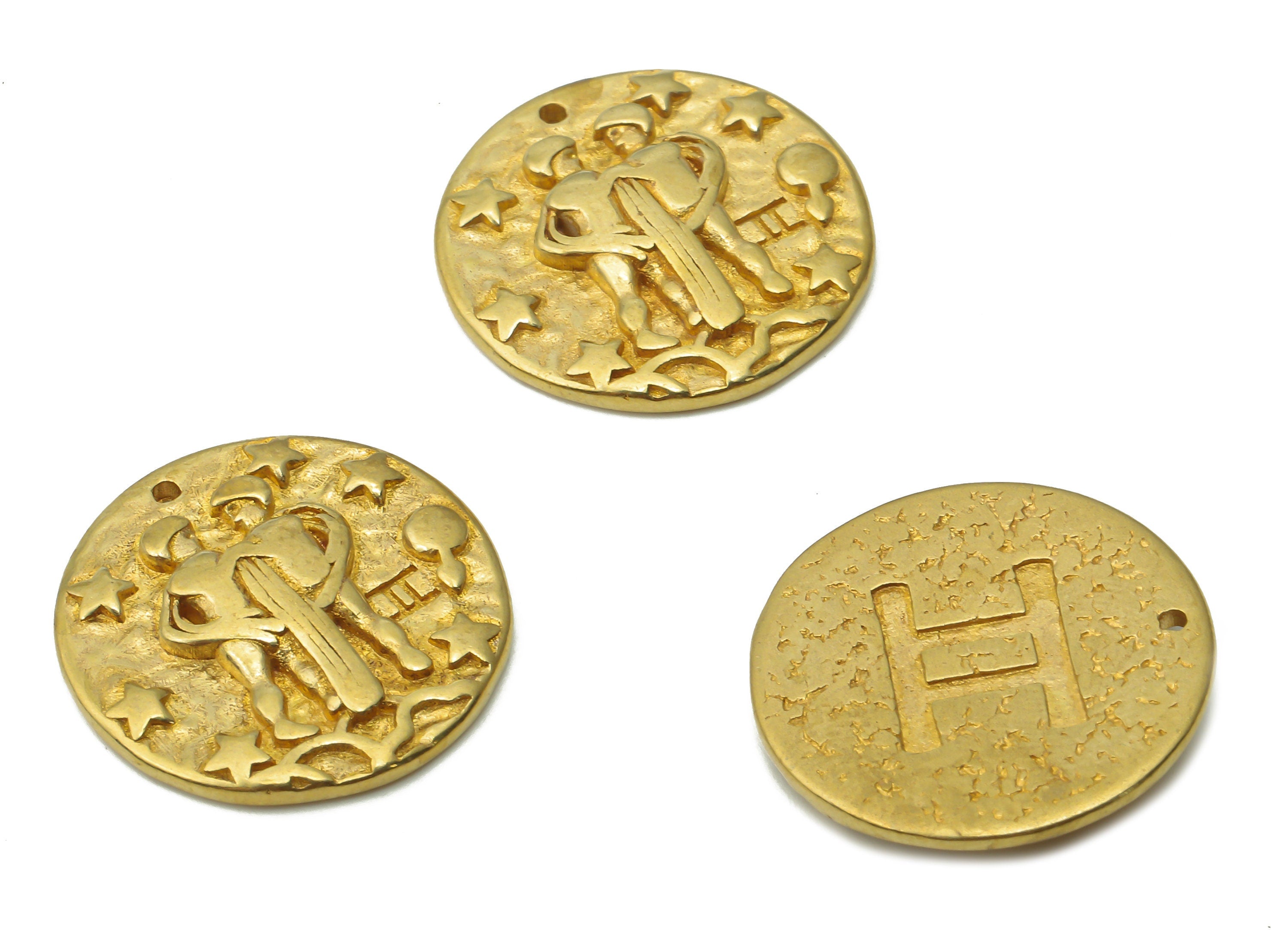 Gemini Round Charm - Raw Brass Horoscopes Charms - Round Star Pendant - Men Necklace - Brass Zodiac Pendant - 19.4x19.4x3.4mm - PP7751G - DOMEDBAZAAR