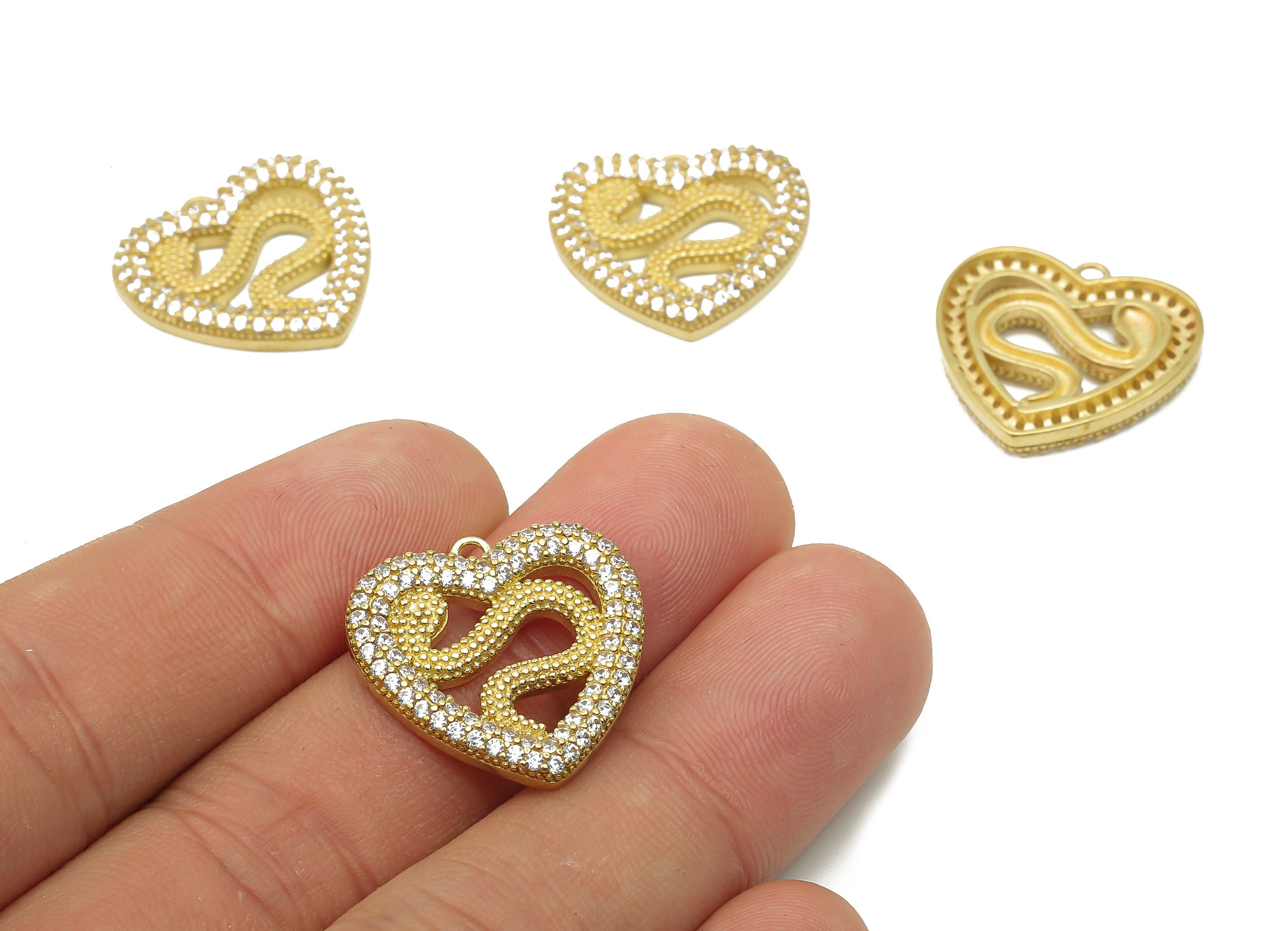 Brass Snake Earring with Zircons - Raw Brass Snake Necklace - Brass Heart Pendant - Brass Snake Pendant - 21.29x21.07x2.95mm - PP7652 - DOMEDBAZAAR