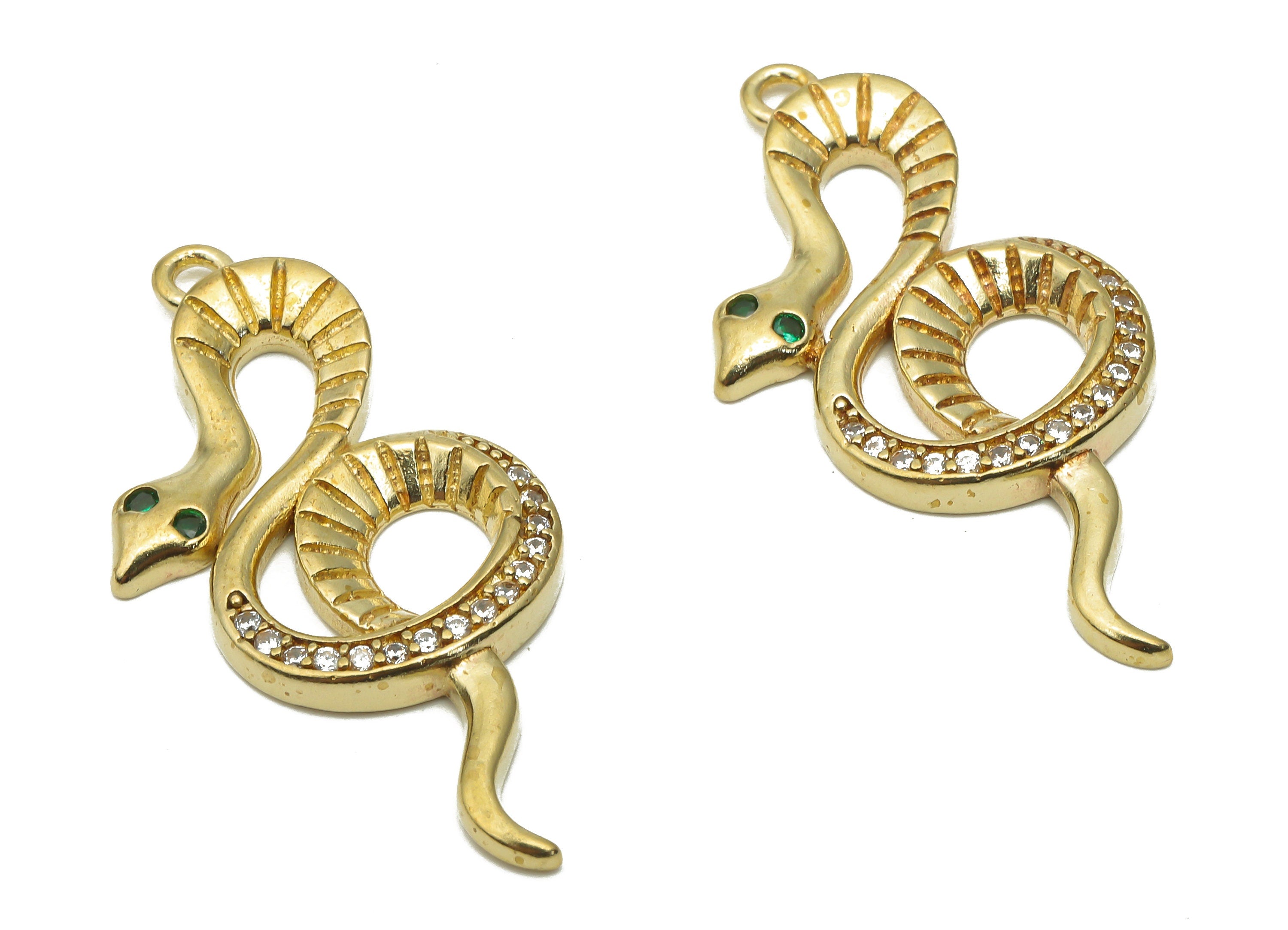 Brass Round Snake Earring with Zircons - Raw Brass Textured Snake Necklace - Brass Green Eye Snake Pendant - 33.18x17.09x2.2mm -PP7655 - DOMEDBAZAAR