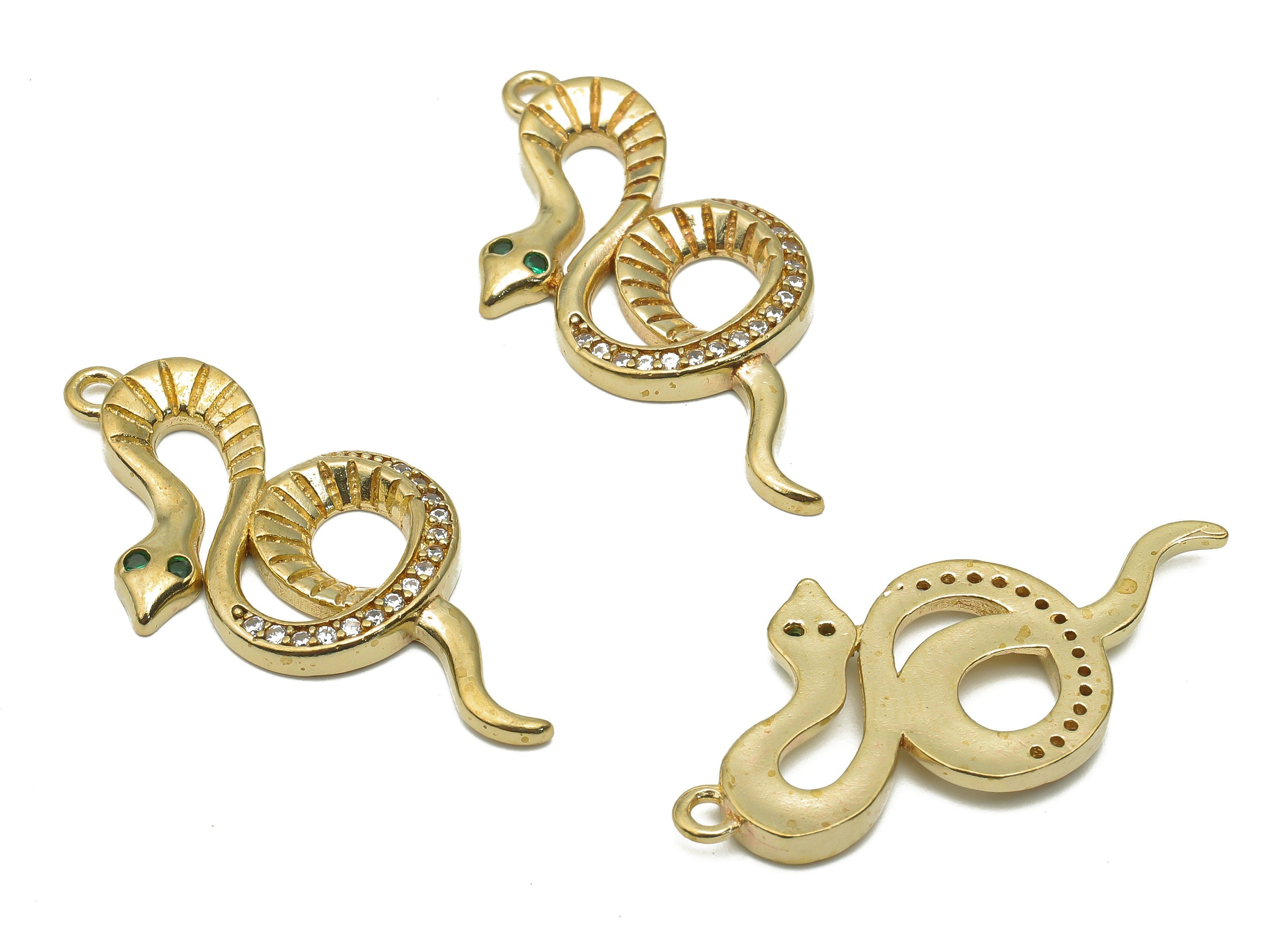 Brass Round Snake Earring with Zircons - Raw Brass Textured Snake Necklace - Brass Green Eye Snake Pendant - 33.18x17.09x2.2mm -PP7655 - DOMEDBAZAAR