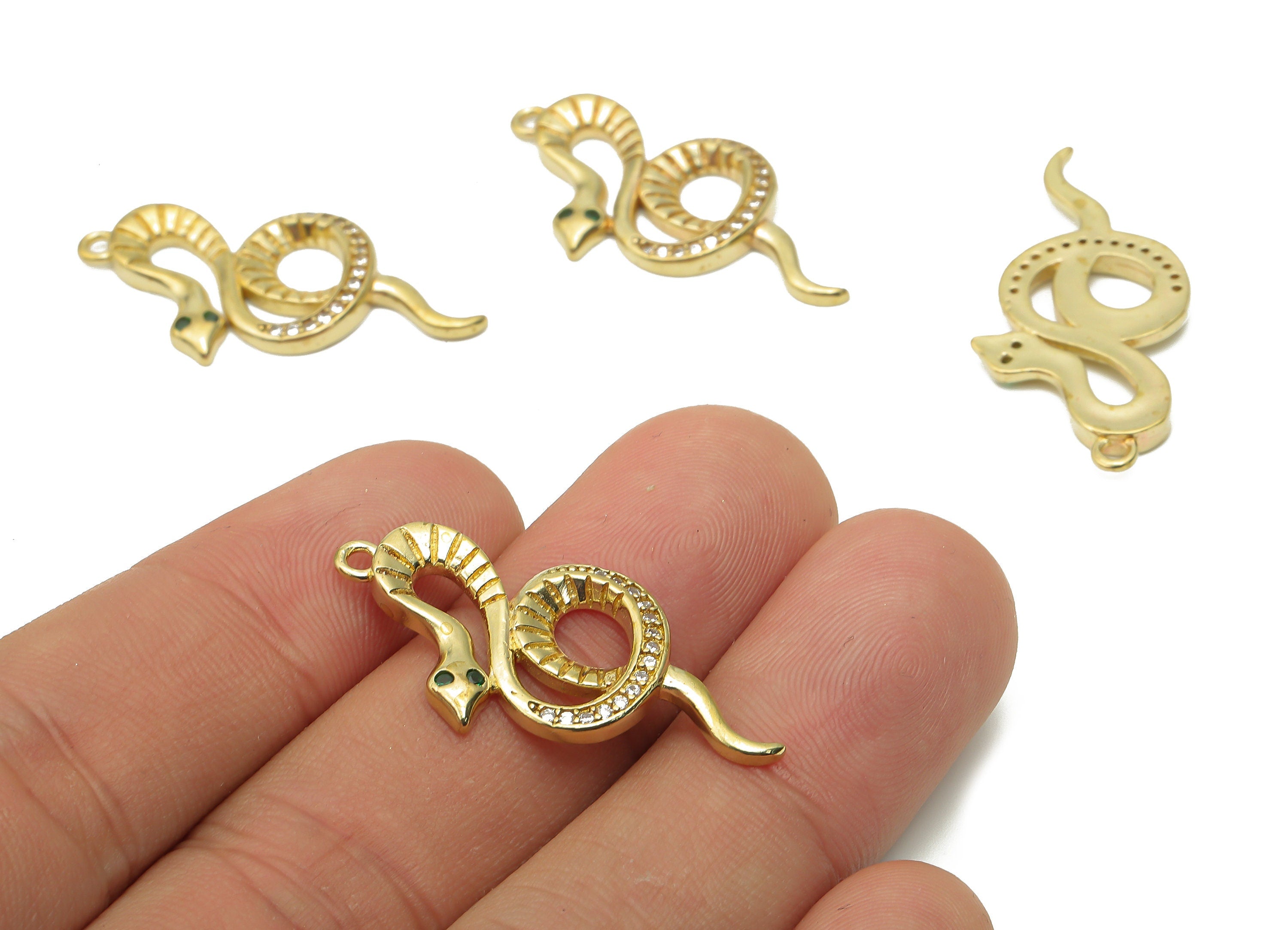 Brass Round Snake Earring with Zircons - Raw Brass Textured Snake Necklace - Brass Green Eye Snake Pendant - 33.18x17.09x2.2mm -PP7655 - DOMEDBAZAAR