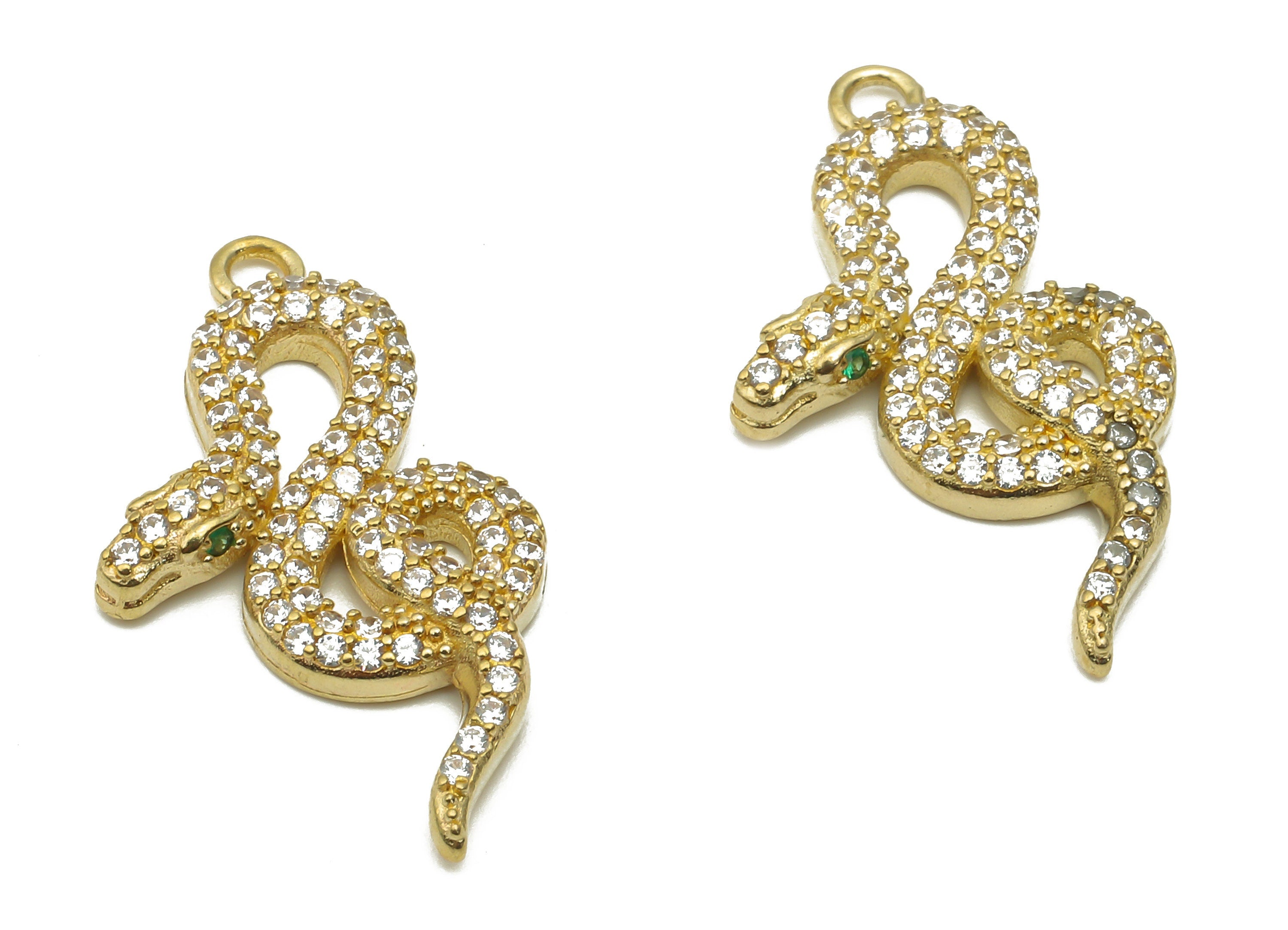 Brass Snake Earring with Zircons - Raw Brass Green Eye Snake Charm - Brass Snake Pendant - 24.34x13.74x2.58mm - PP7657 - DOMEDBAZAAR