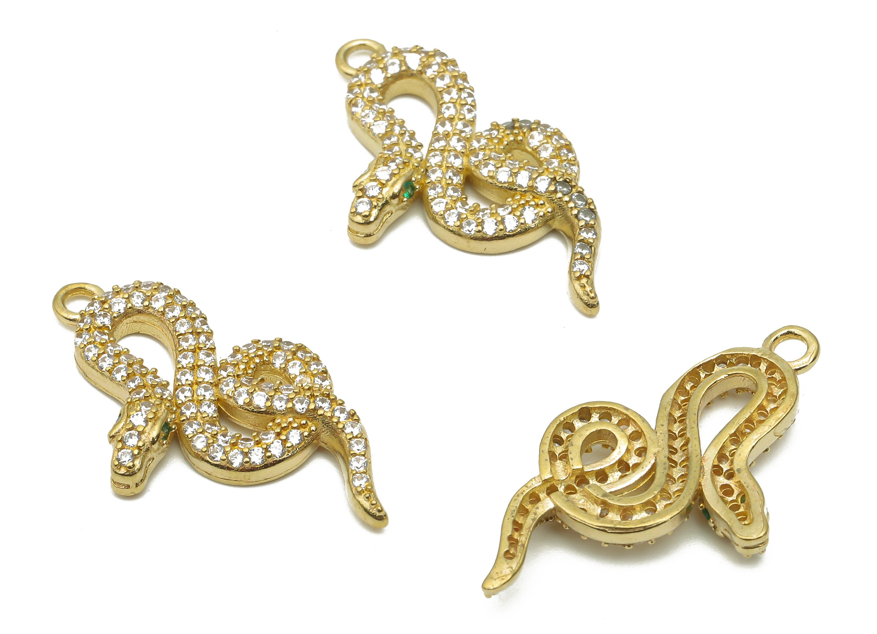 Brass Snake Earring with Zircons - Raw Brass Green Eye Snake Charm - Brass Snake Pendant - 24.34x13.74x2.58mm - PP7657 - DOMEDBAZAAR