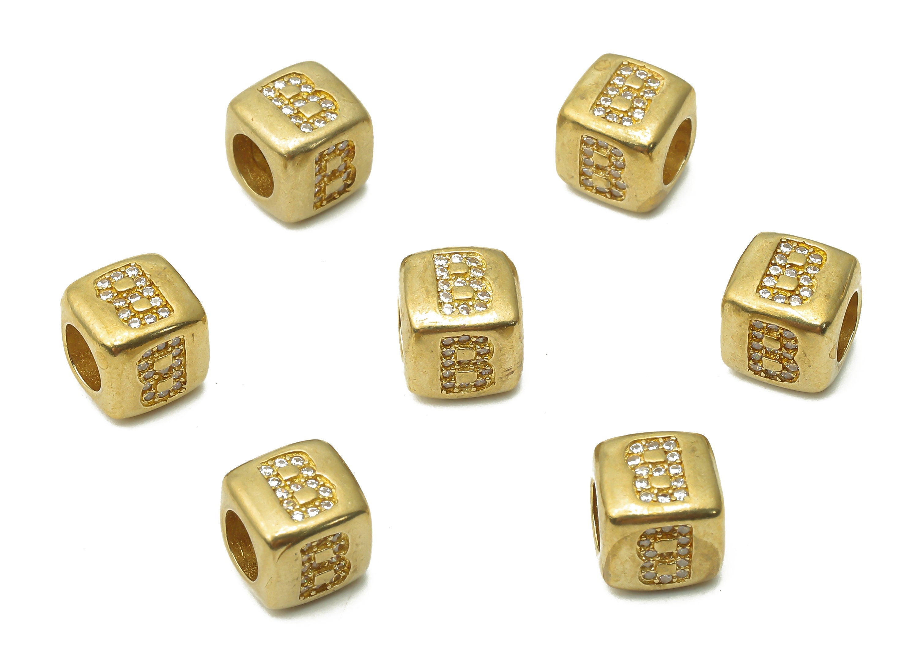 Alphabet Cube Bead B - Brass Initial Letter B - Raw Brass Zircon Letters Beads - Letter B Cube Bead - 8.63x8.63x 8.46mm - PP7804B - DOMEDBAZAAR
