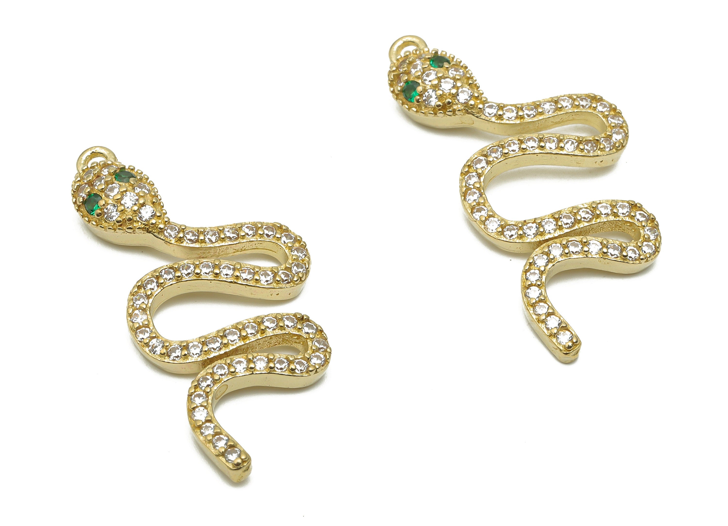 Brass Snake Earring with Zircons - Raw Brass Green Eye Snake Charm - Brass Snake Pendant - 30.88x14.8x3.82mm - PP7658 - DOMEDBAZAAR