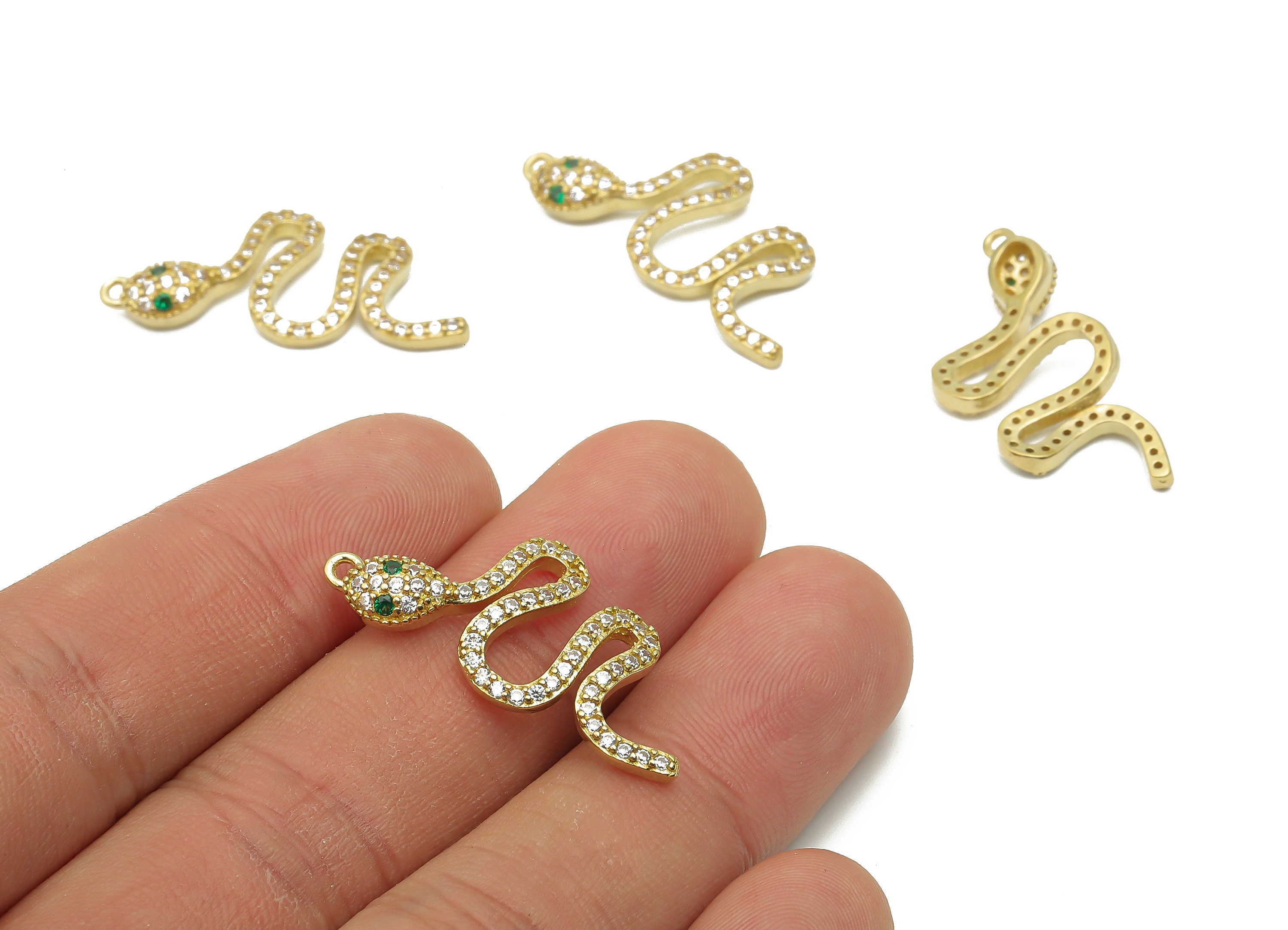 Brass Snake Earring with Zircons - Raw Brass Green Eye Snake Charm - Brass Snake Pendant - 30.88x14.8x3.82mm - PP7658 - DOMEDBAZAAR