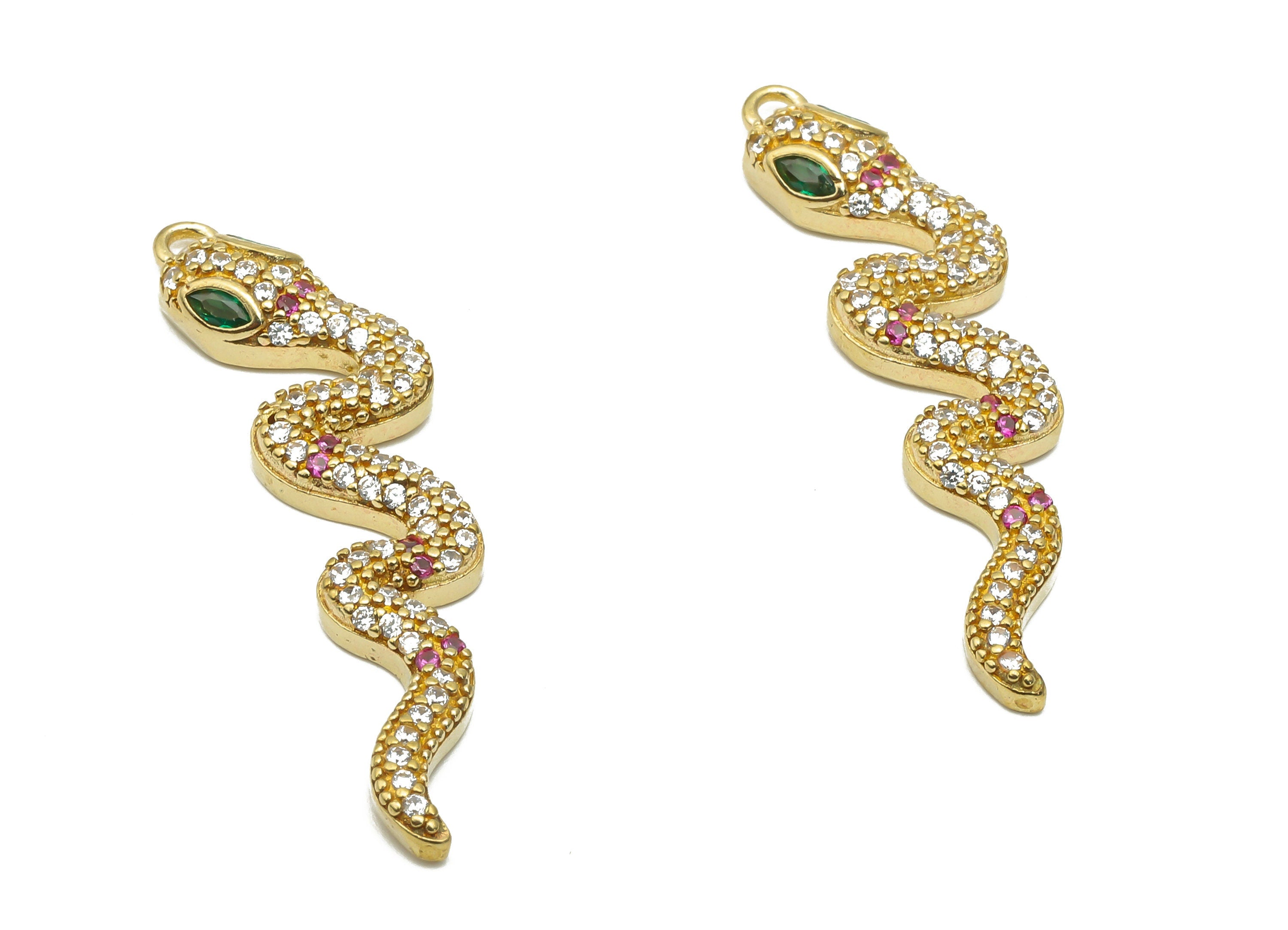 Brass Snake Earring with Zircons - Raw Brass Green Eye Snake Charm - Raw Brass Snake Pendant - 33.34x8.27x3.16mm - PP7661 - DOMEDBAZAAR