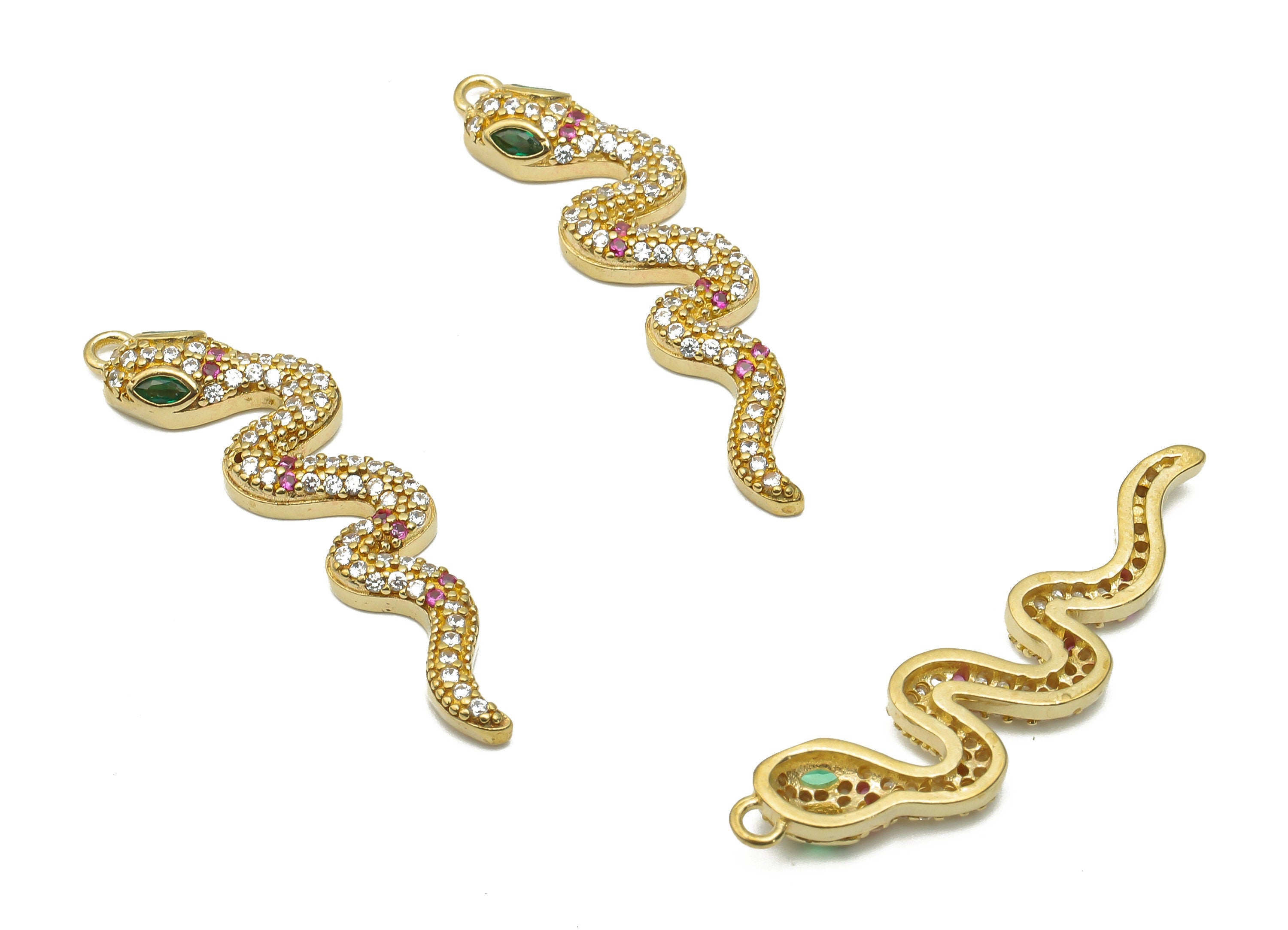 Brass Snake Earring with Zircons - Raw Brass Green Eye Snake Charm - Raw Brass Snake Pendant - 33.34x8.27x3.16mm - PP7661 - DOMEDBAZAAR