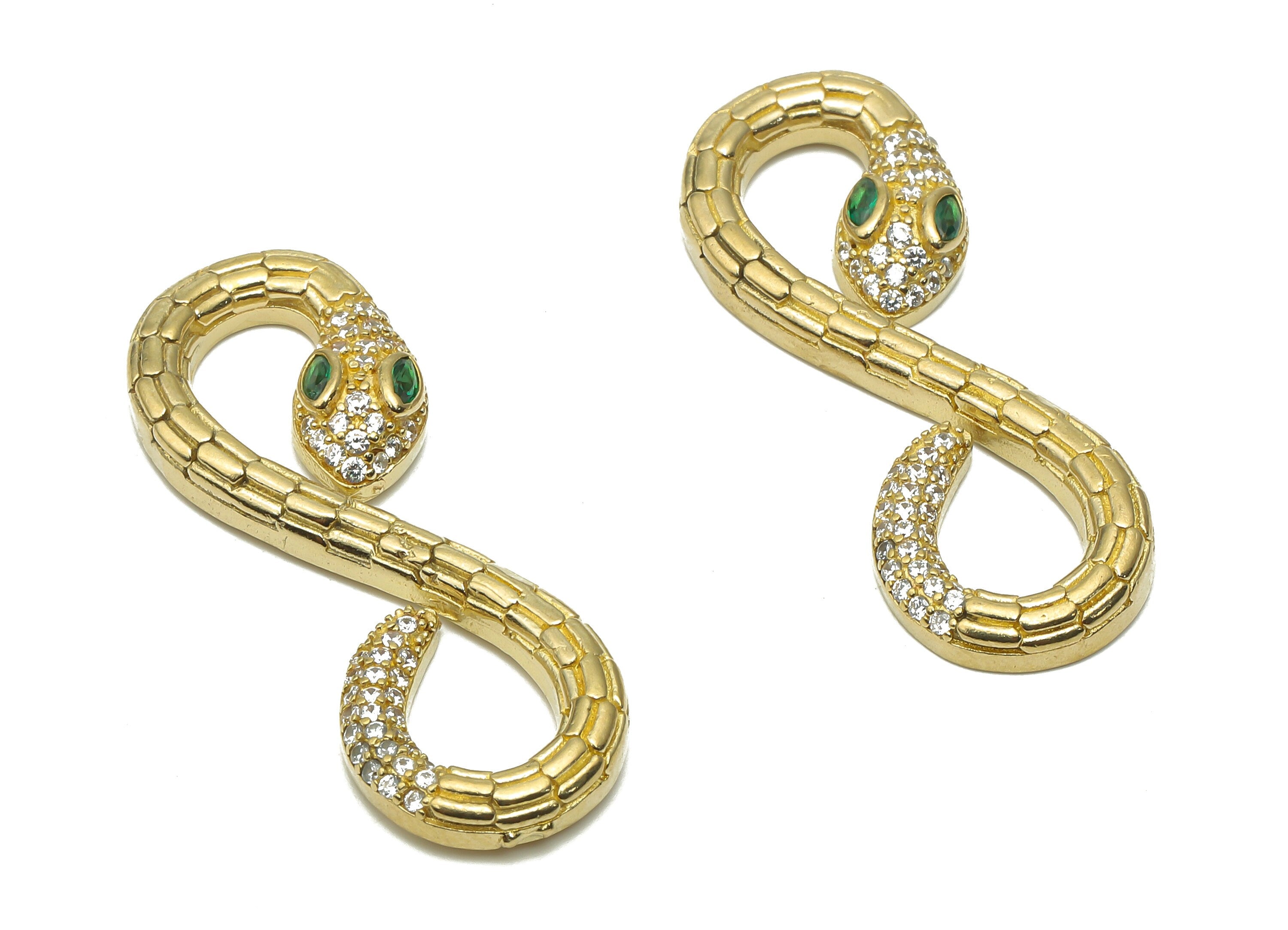 Brass Infinity Snake Connectors with Zircons - Raw Brass Textured Snake Earrings - Brass Green Eye Snake Pendant - 34x12.34x3.66mm - PP7668 - DOMEDBAZAAR