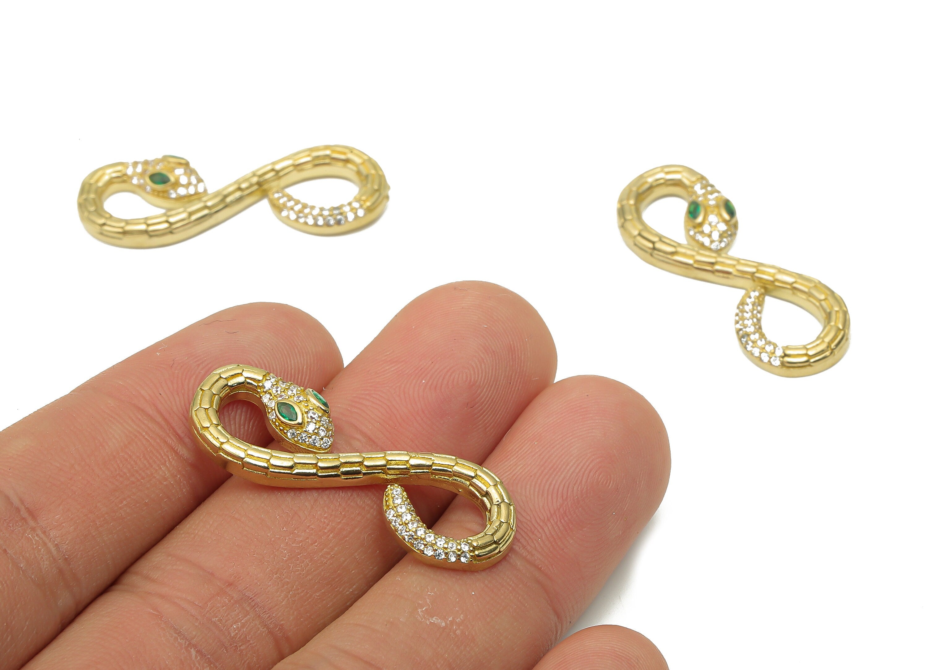 Brass Infinity Snake Connectors with Zircons - Raw Brass Textured Snake Earrings - Brass Green Eye Snake Pendant - 34x12.34x3.66mm - PP7668 - DOMEDBAZAAR
