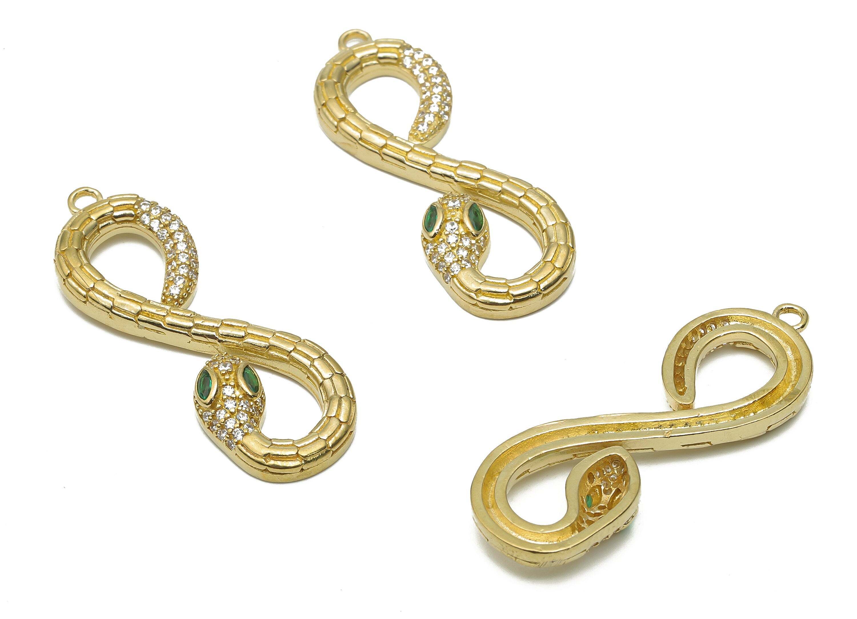 Brass Infinity Snake with Zircons - Raw Brass Textured Snake Earrings With Loop - Green Eye Snake Pendant - 36.55x12.38x2.78mm - PP7669 - DOMEDBAZAAR