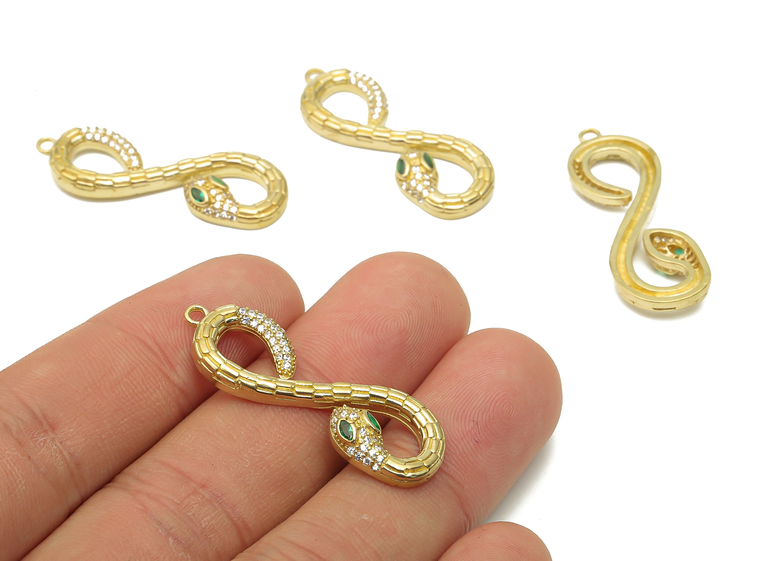 Brass Infinity Snake with Zircons - Raw Brass Textured Snake Earrings With Loop - Green Eye Snake Pendant - 36.55x12.38x2.78mm - PP7669 - DOMEDBAZAAR