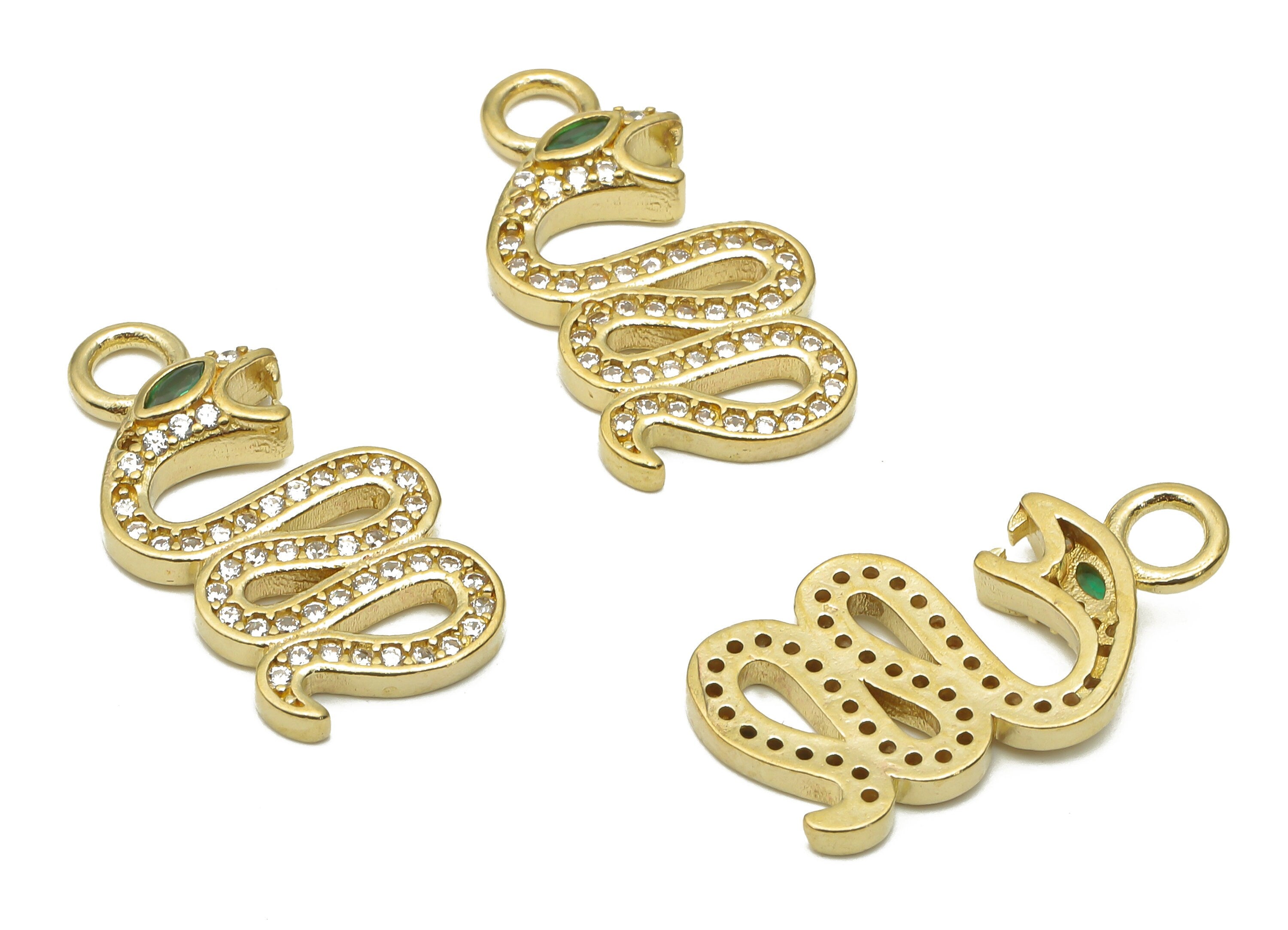 Brass Snake Earrings with Zircons - Raw Brass Snake Necklace - Green Eye Snake Charm - Brass Pendant -21.78x11.16x2.82mm - PP7671 - DOMEDBAZAAR