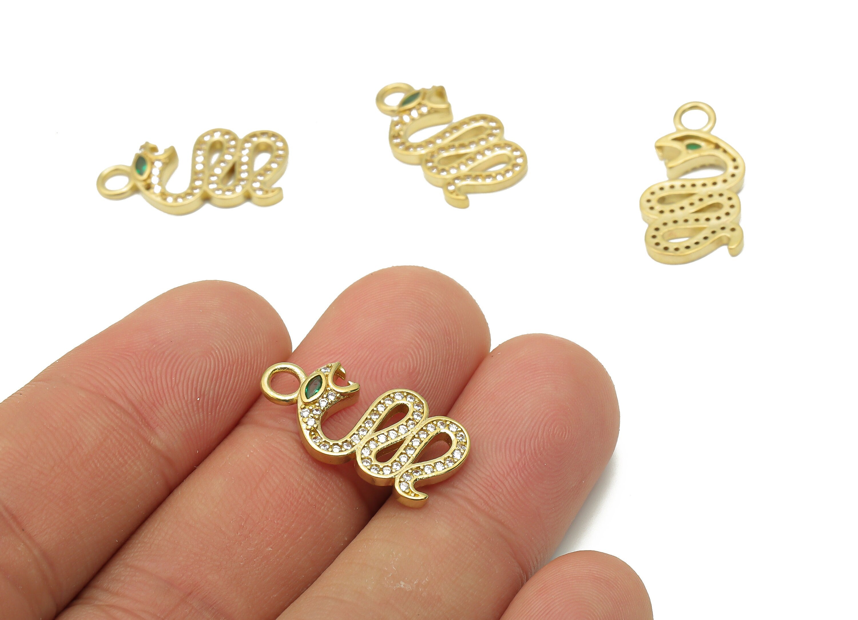 Brass Snake Earrings with Zircons - Raw Brass Snake Necklace - Green Eye Snake Charm - Brass Pendant -21.78x11.16x2.82mm - PP7671 - DOMEDBAZAAR