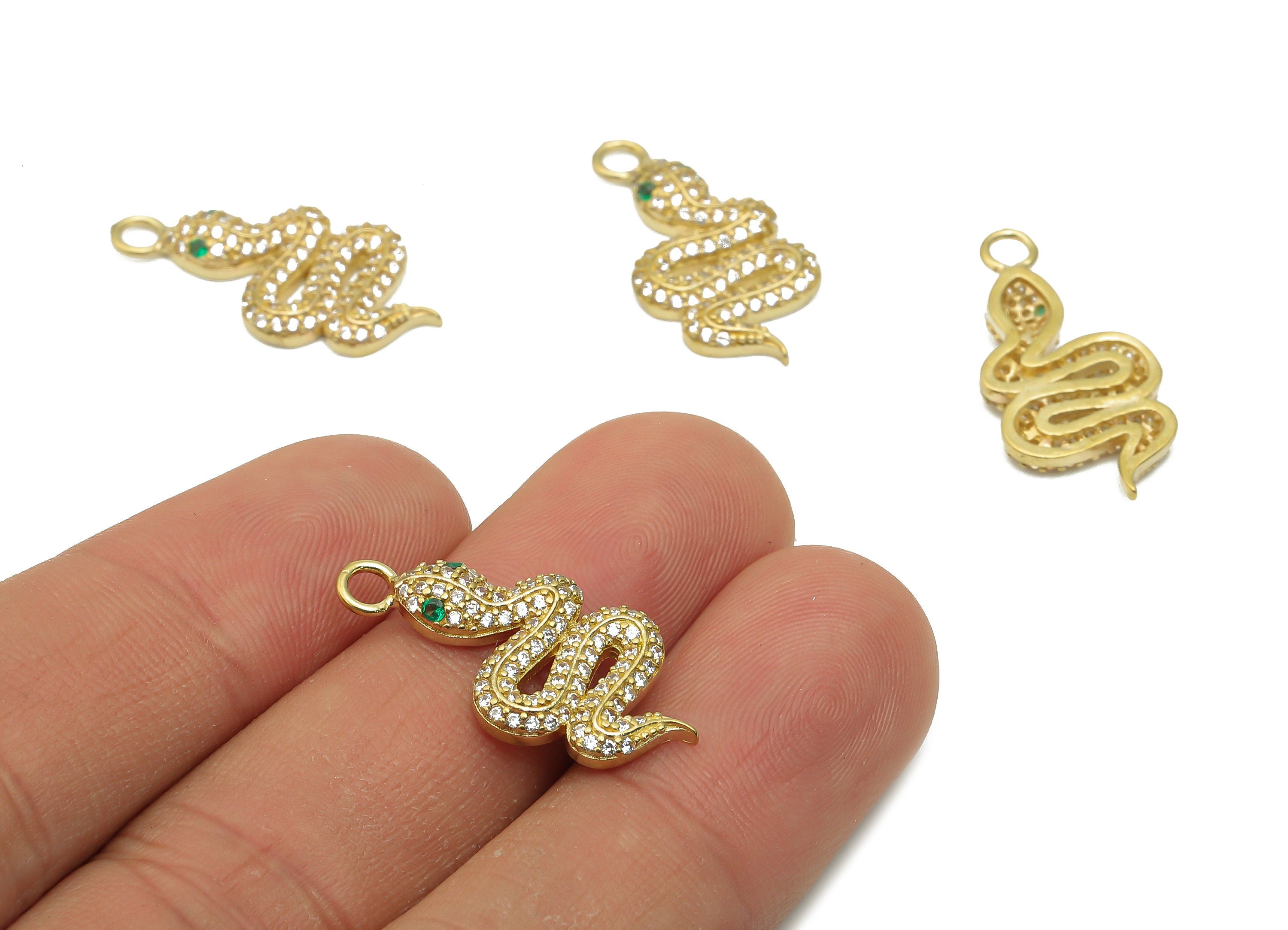 Brass Snake Earrings with Zircons - Raw Brass Green Eye Snake Pendant - Raw Brass Snake Necklace - 25.4x12.34x3.02mm - PP7672 - DOMEDBAZAAR