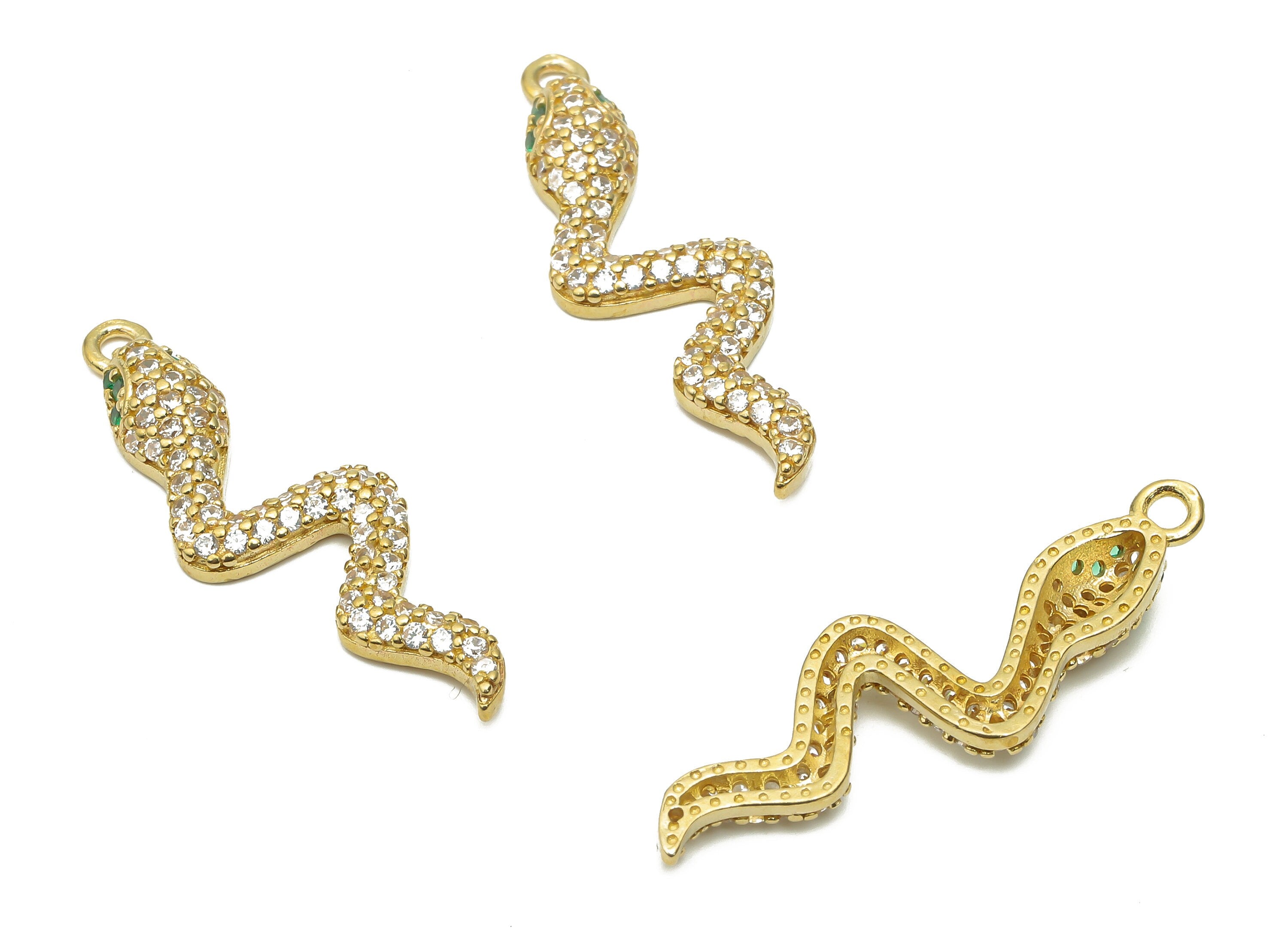 Brass Snake Earrings with Zircons - Raw Brass Young Snake Pendant - Green Eye Snake Necklace - Brass pendant - 31.82x9.74x3.48mm - PP7674 - DOMEDBAZAAR