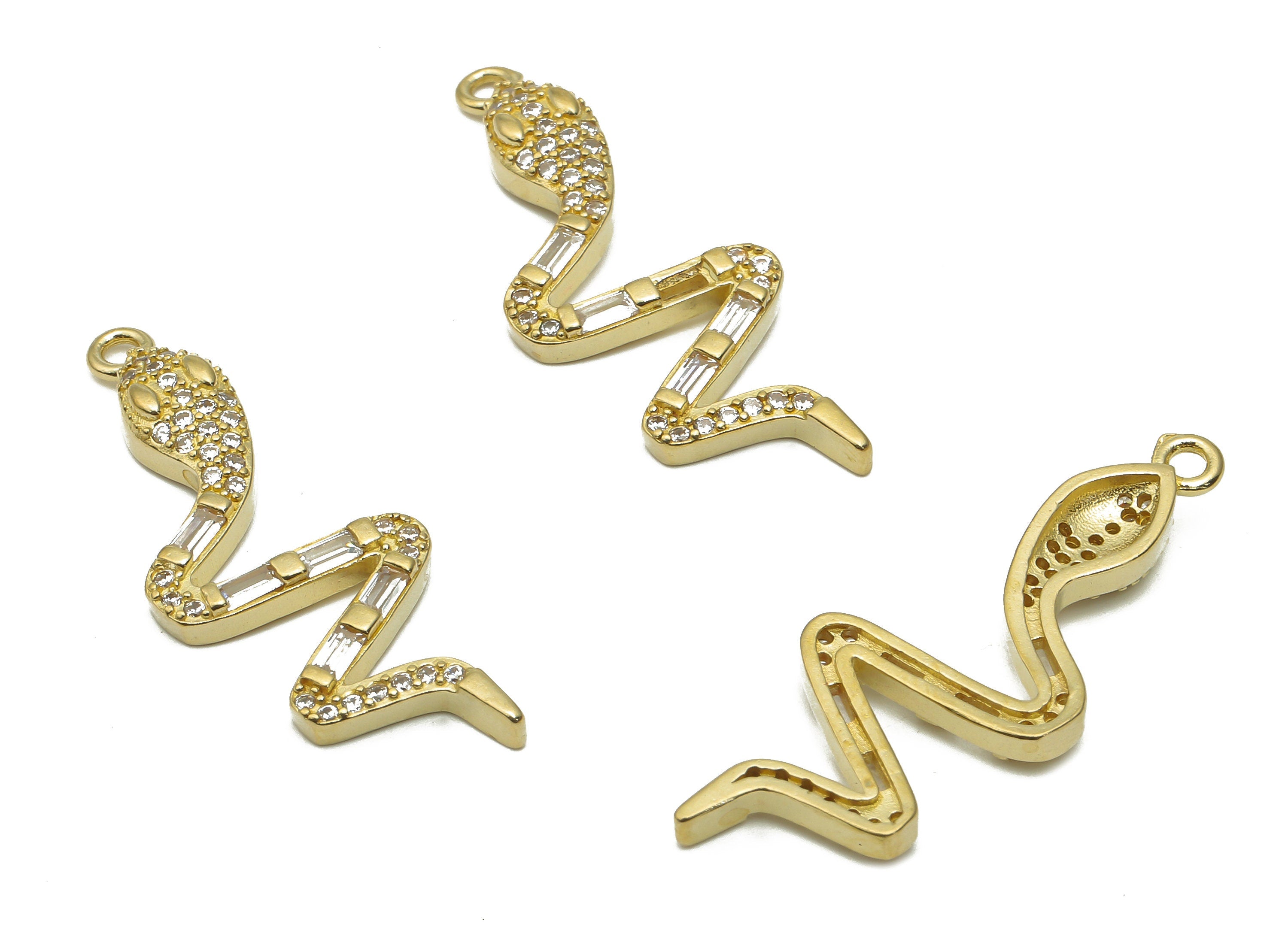 Brass Young Snake Earing with Zircons - Raw Brass Snake Necklace - Brass Snake Pendant - Brass Snake Necklace - 32.16x12.14x3.27mm - PP7675 - DOMEDBAZAAR