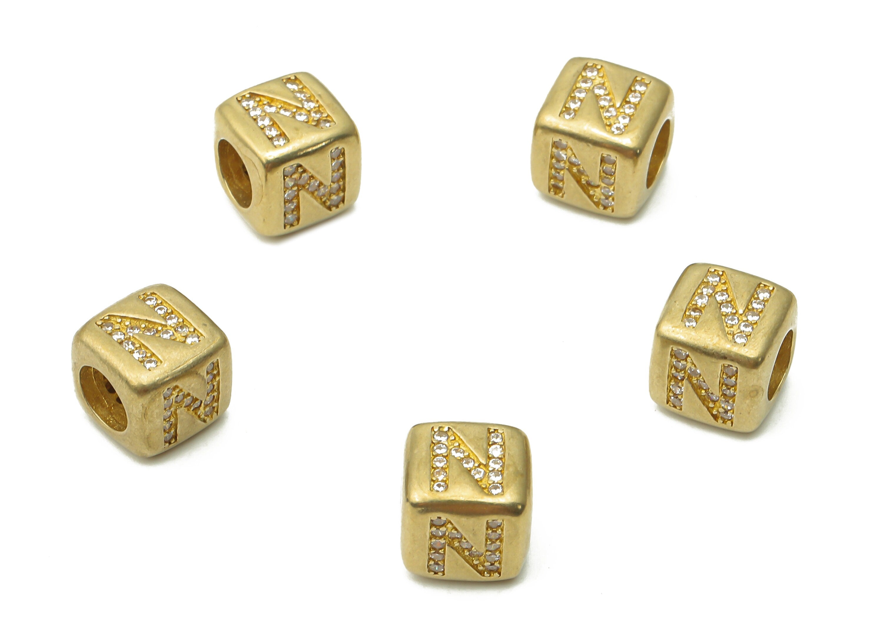 Alphabet Cube Bead N - Brass Initial Letter N - Raw Brass Zircon Letters Beads - Letter N Cube Bead - 8.63x8.63x 8.46mm - PP7804N - DOMEDBAZAAR