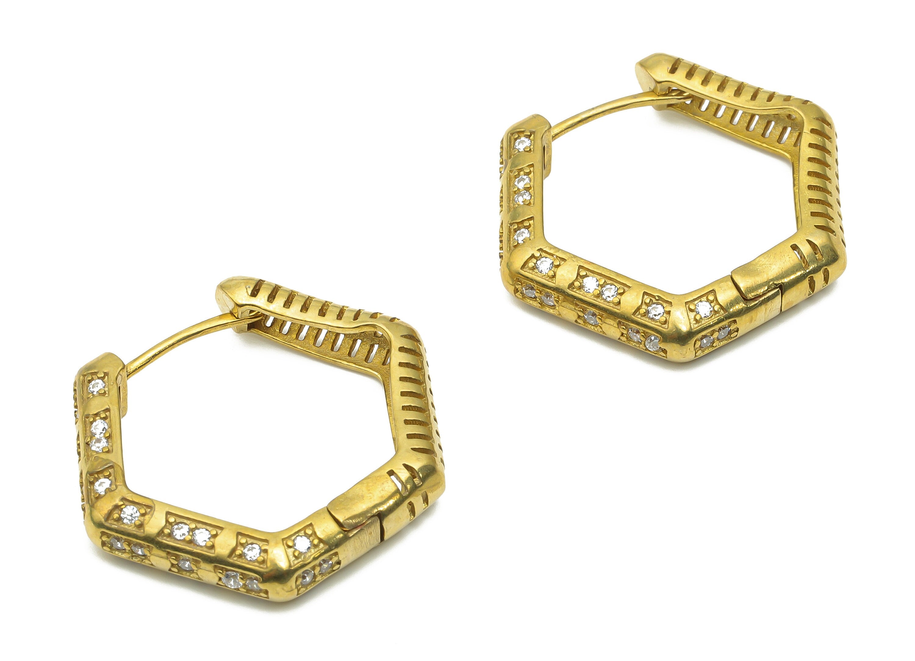 Brass Hexagon Hoop Earrings - Raw Brass Geometric Huggie Hoops - Brass Hexagon Hoops - Brass Textured Earrings - 31.83x29.11x1.66mm - PP7718 - DOMEDBAZAAR