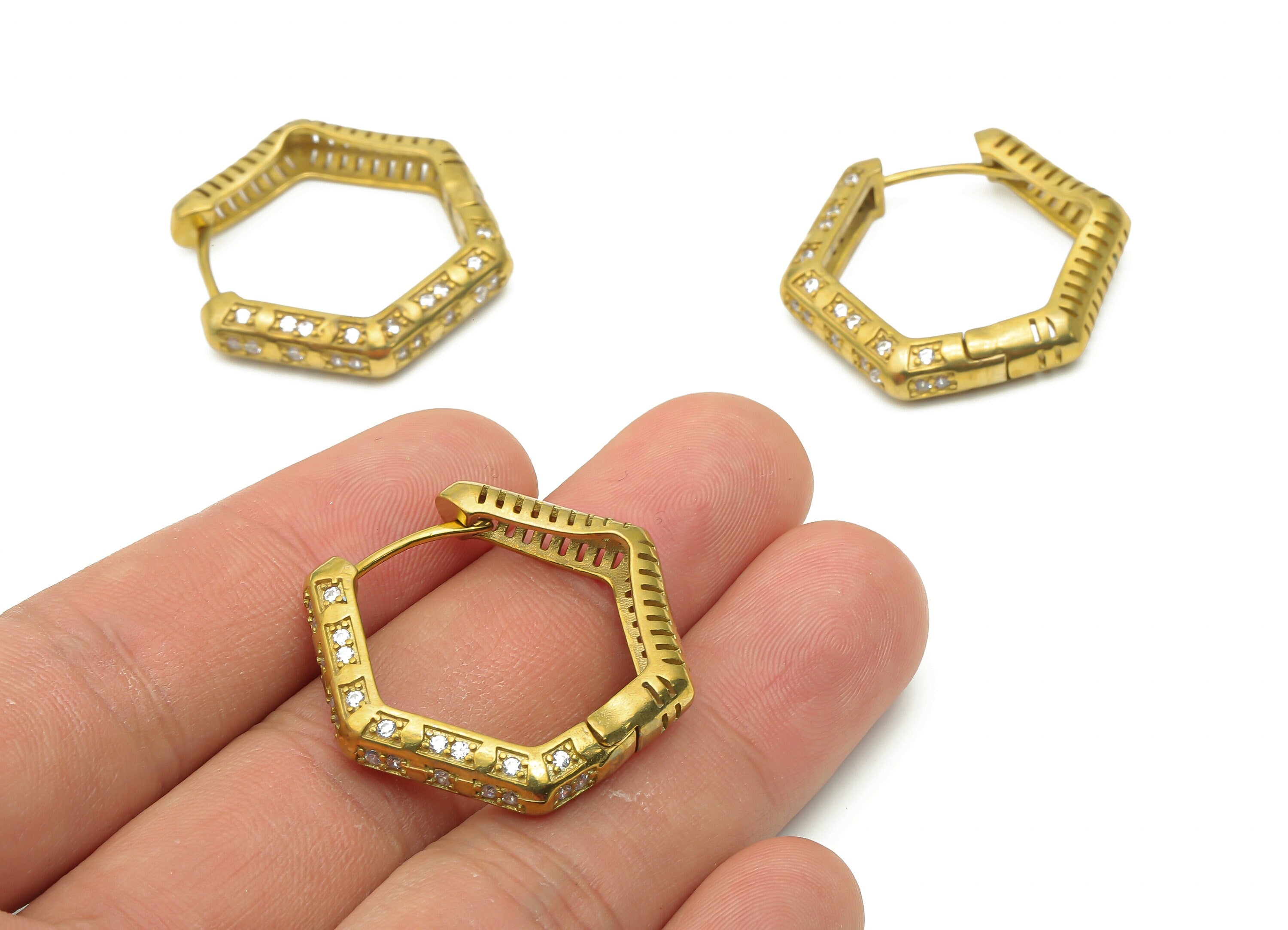 Brass Hexagon Hoop Earrings - Raw Brass Geometric Huggie Hoops - Brass Hexagon Hoops - Brass Textured Earrings - 31.83x29.11x1.66mm - PP7718 - DOMEDBAZAAR
