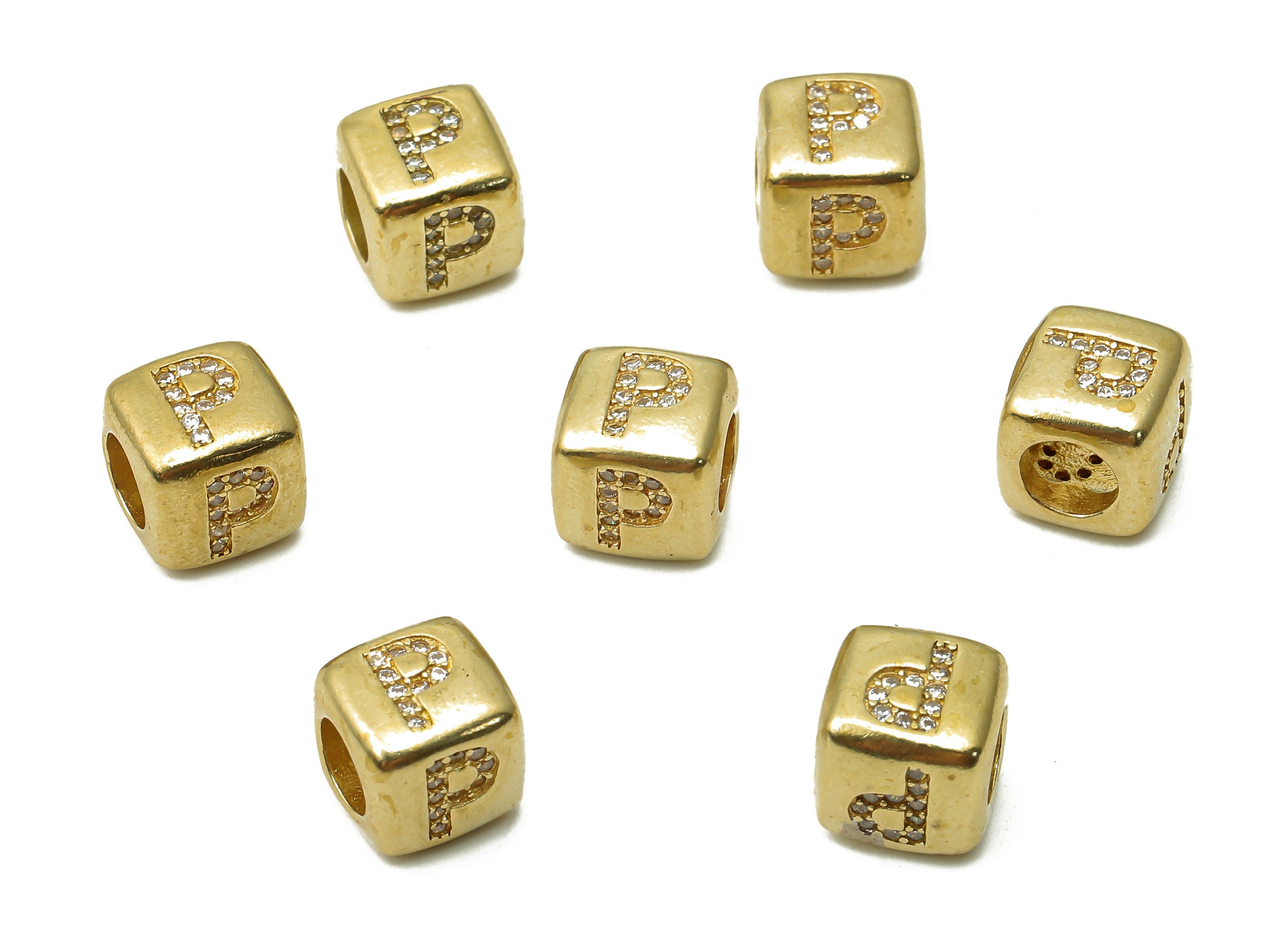 Alphabet Cube Bead P - Brass Initial Letter P - Raw Brass Zircon Letters Beads - Letter P Cube Bead - 8.63x8.63x 8.46mm - PP7804P - DOMEDBAZAAR