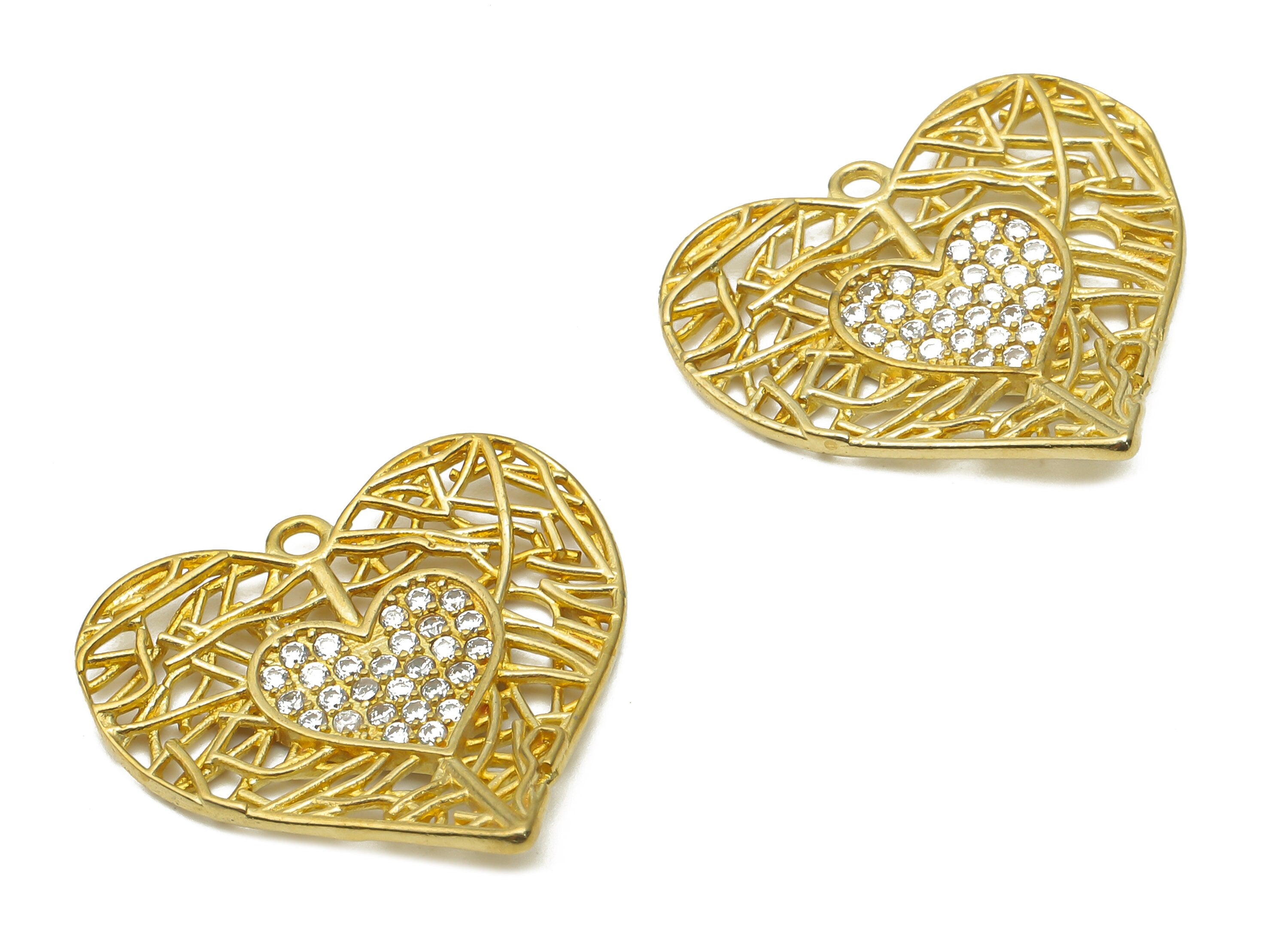 Brass Web Heart Earring With Zircon - Raw Brass Double Heart Charm - Brass Heart Earring Charm - 22.31x21.3x1.82mm - PP7740 - DOMEDBAZAAR