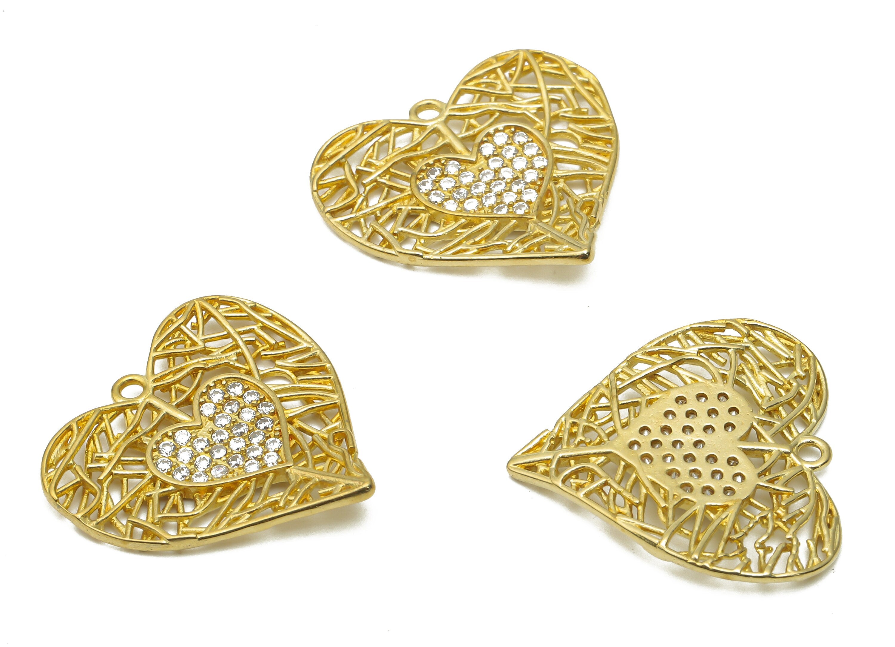 Brass Web Heart Earring With Zircon - Raw Brass Double Heart Charm - Brass Heart Earring Charm - 22.31x21.3x1.82mm - PP7740 - DOMEDBAZAAR