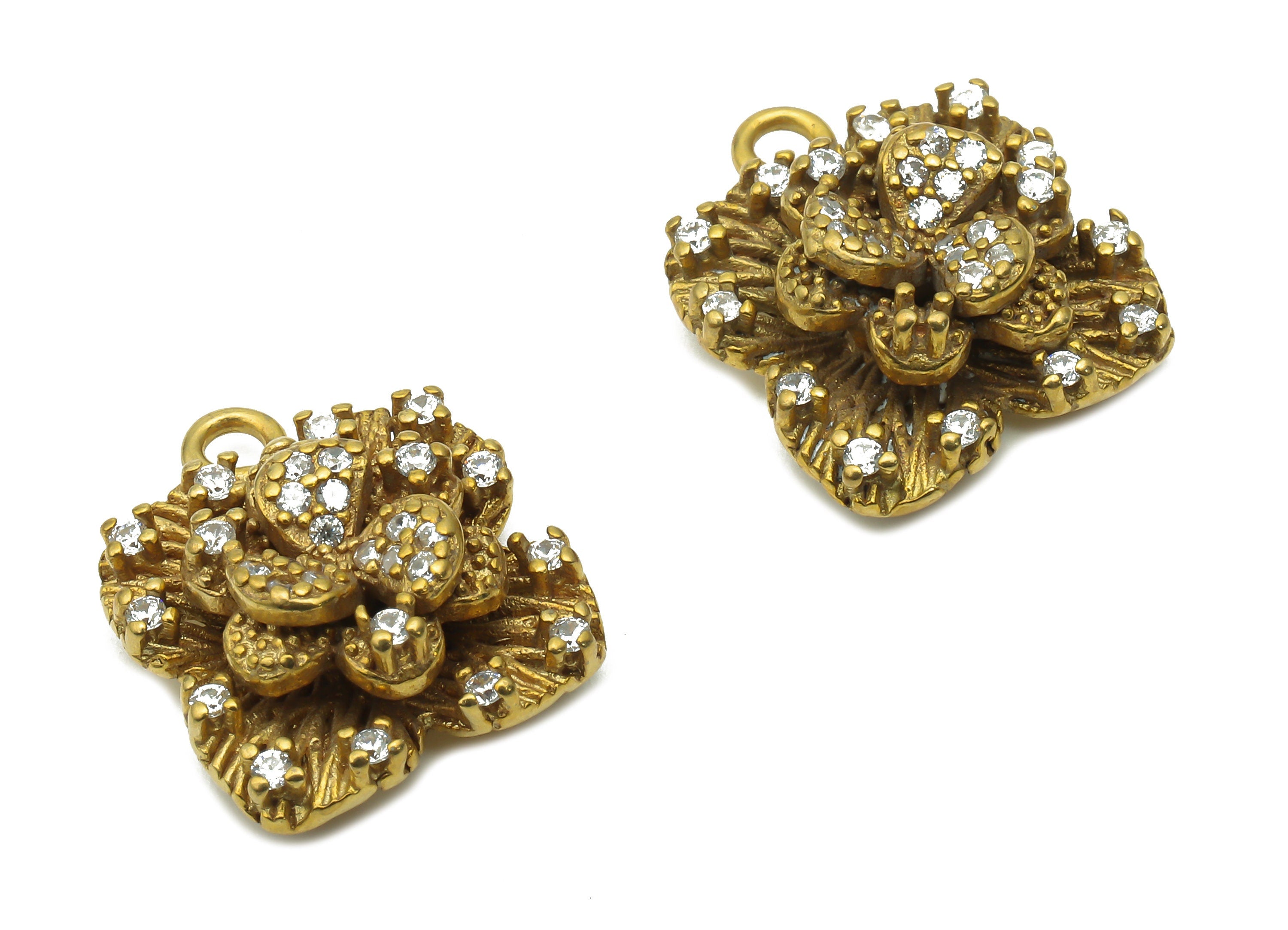 Brass Flower Earrings With Zircon - Raw Brass Lotus Charms - Brass Waterlily Earring Charm - 16.82x13.8x5.47mm - PP7742 - DOMEDBAZAAR