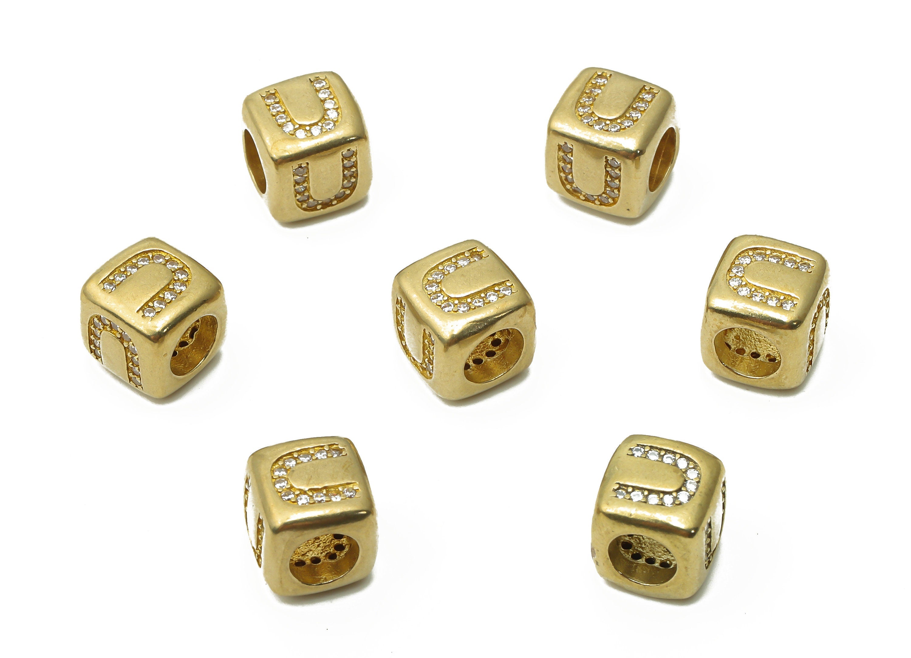 Alphabet Cube Bead U - Brass Initial Letter U - Raw Brass Zircon Letters Beads - Letter U Cube Bead - 8.63x8.63x 8.46mm - PP7804U - DOMEDBAZAAR