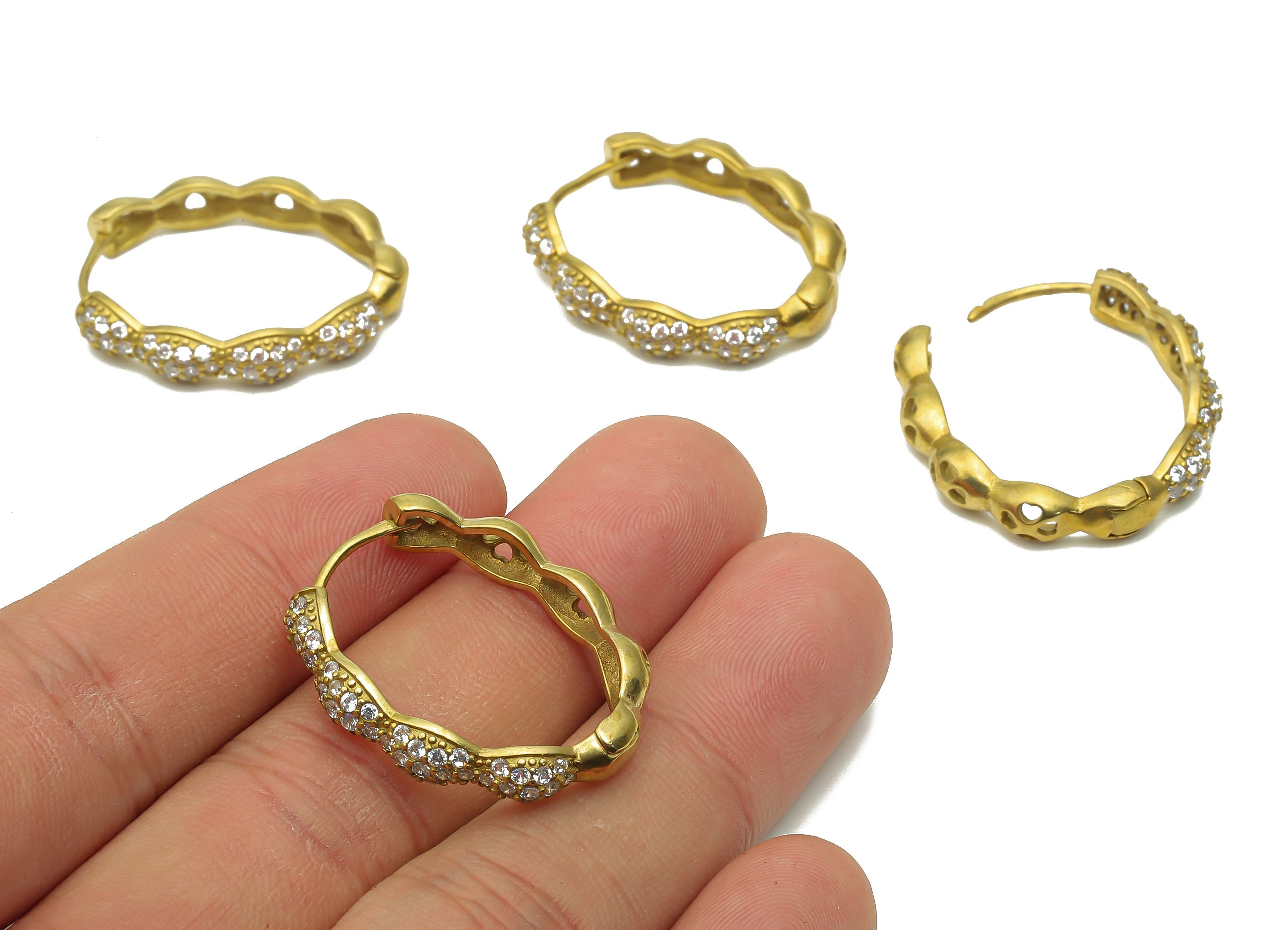 Brass Round Huggie Hoop Earrings with Zircon - Raw Brass Huggie Hoop - Brass Zigzag Hoop Earrings - 29.54x23.94x5.09mm - PP7842 - DOMEDBAZAAR