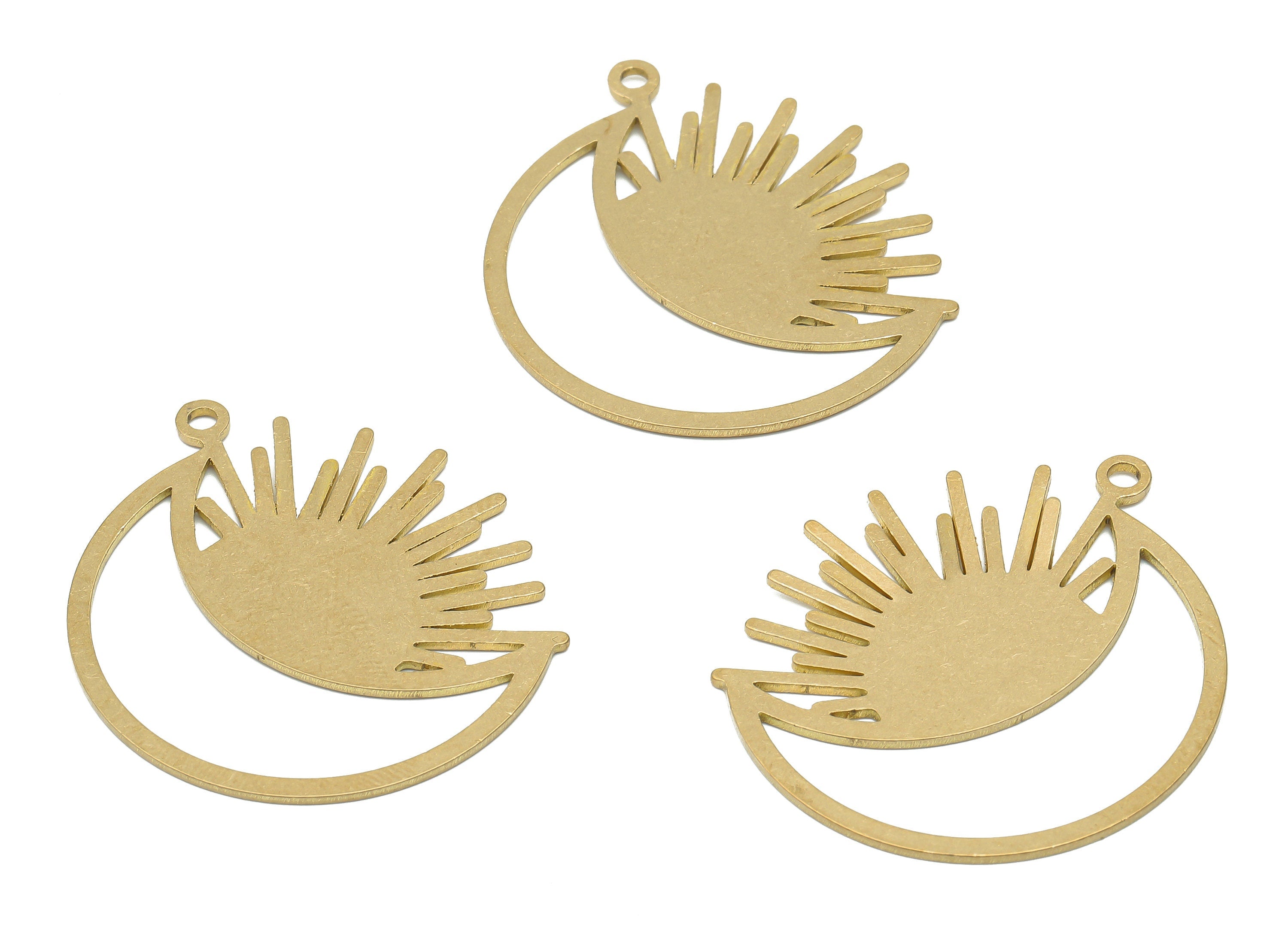 Brass Crescent Moon Earring Charm - Raw Brass Sunshine Pendant - Brass Moon Pendant - Raw Brass Sun Necklace - 37.85x32.54x0.87mm - PPA4037 - DOMEDBAZAAR