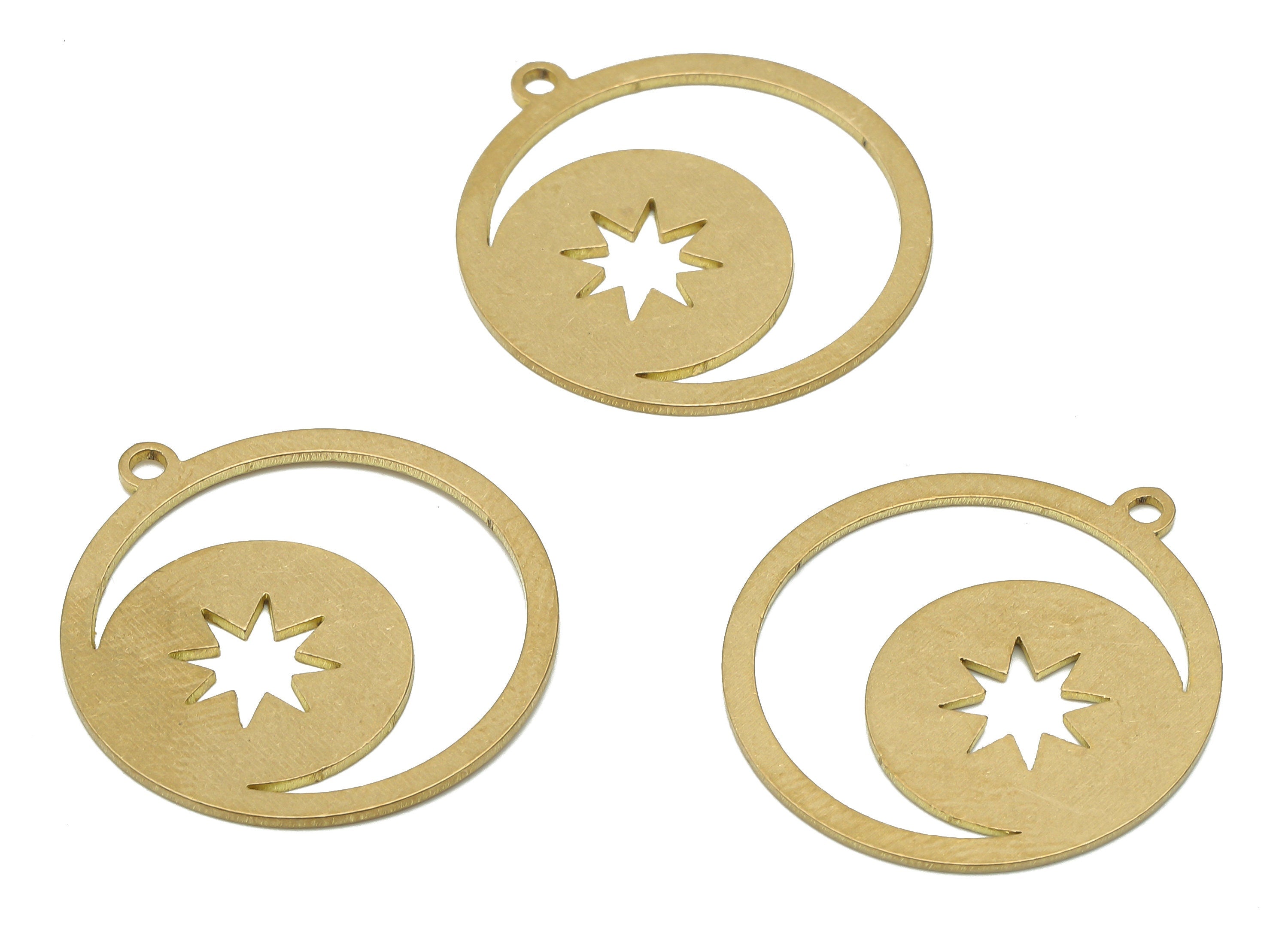 Brass Crescent Moon Earring Charm - Raw Brass Star Pendant - Brass Round Pendant - Raw Brass Moon Star Pendant - 24.78x22.56x0.71mm- PPA4042 - DOMEDBAZAAR