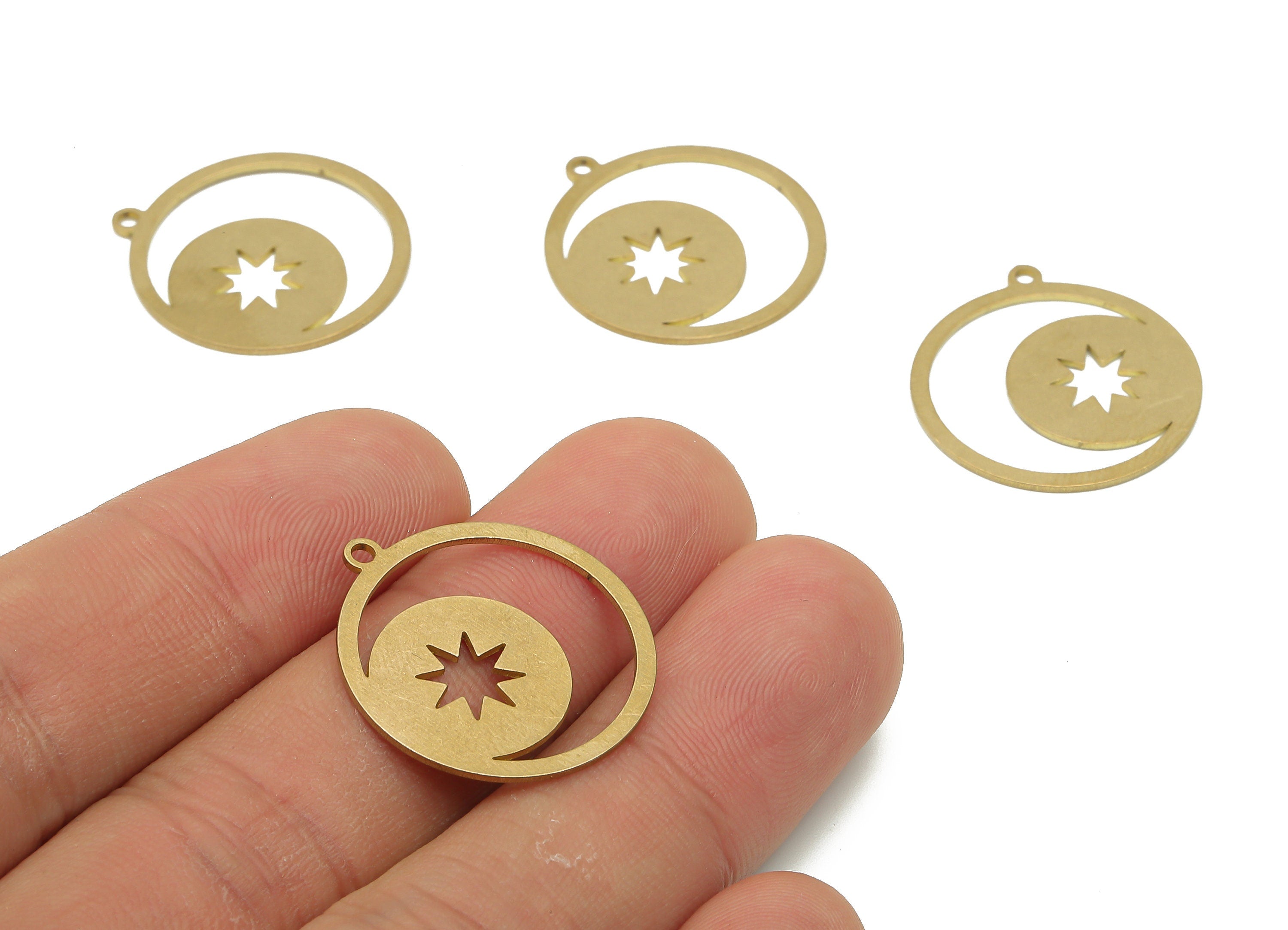 Brass Crescent Moon Earring Charm - Raw Brass Star Pendant - Brass Round Pendant - Raw Brass Moon Star Pendant - 24.78x22.56x0.71mm- PPA4042 - DOMEDBAZAAR