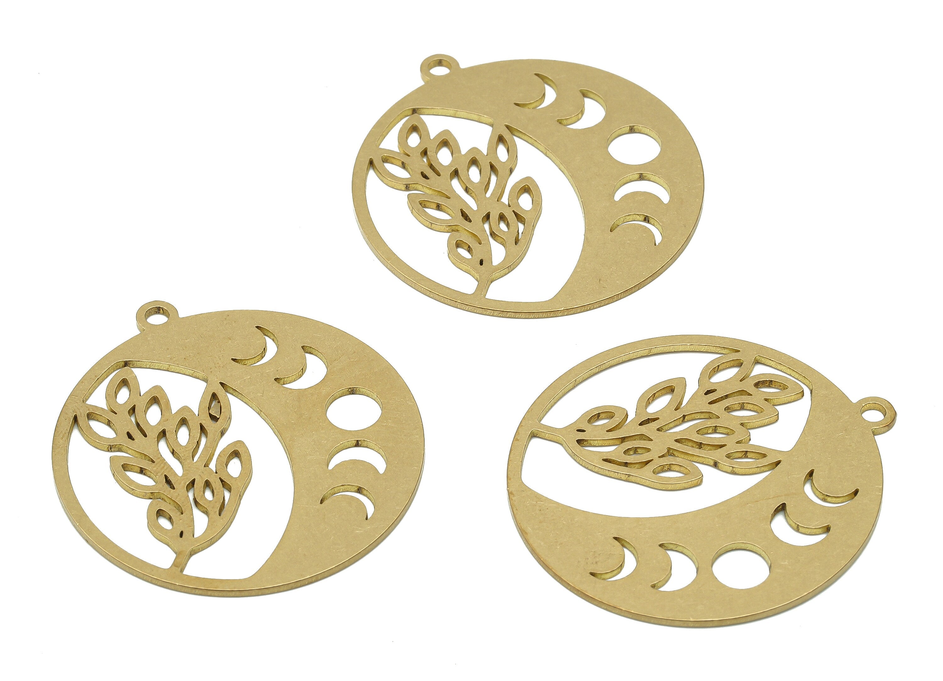Brass Crescent Moon Branch Earring Charm - Raw Brass Phases of Moon Pendant - Brass Branch Pendant - 35.65x32.8x0.85mm - PPA4073 - DOMEDBAZAAR