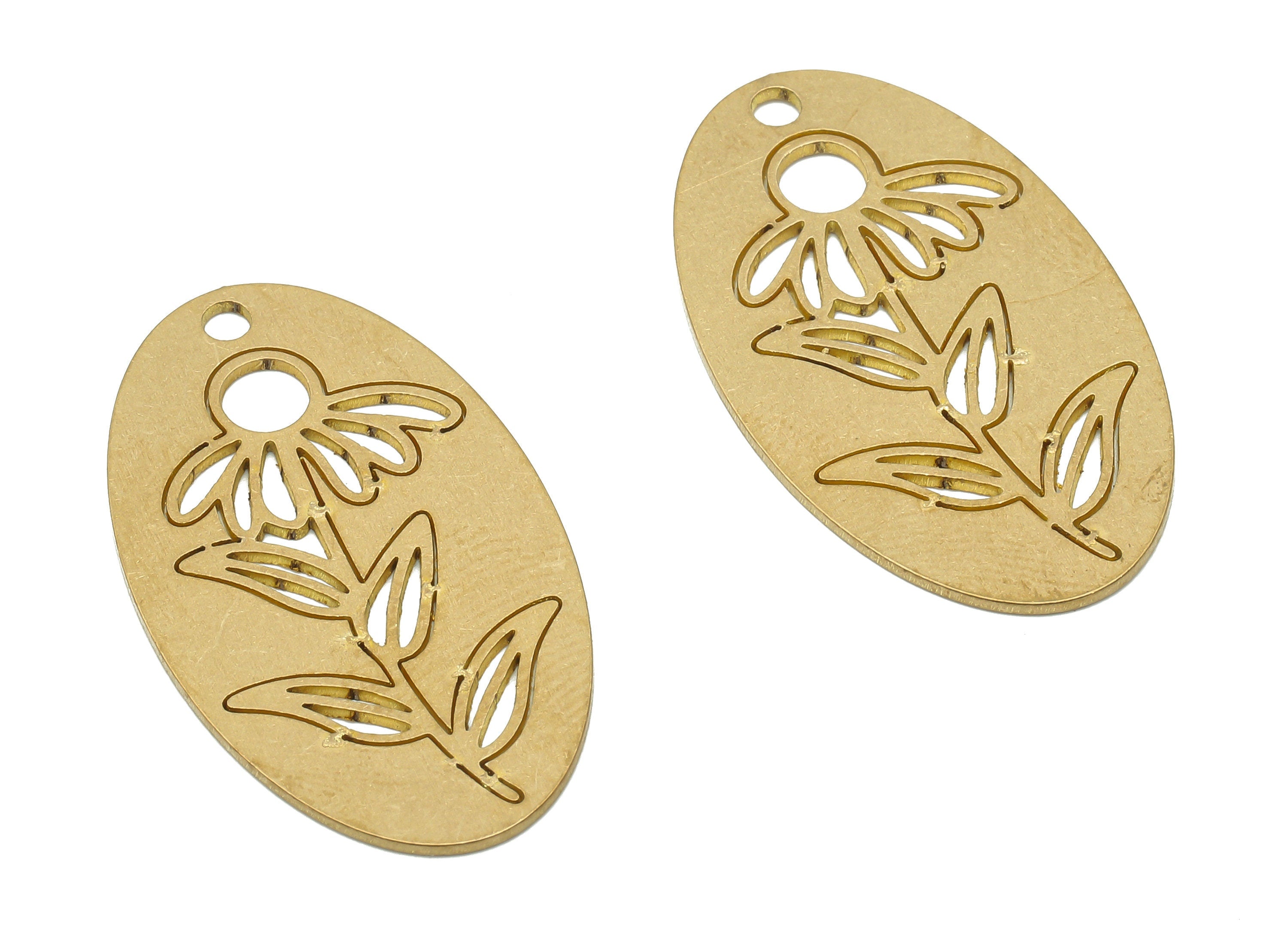 Brass Oval Flower Earring Pendant - Raw Brass Botanical Pendant - Brass Plant Oval Pendant - 32.71x18.57x0.75mm - PPA4097 - DOMEDBAZAAR