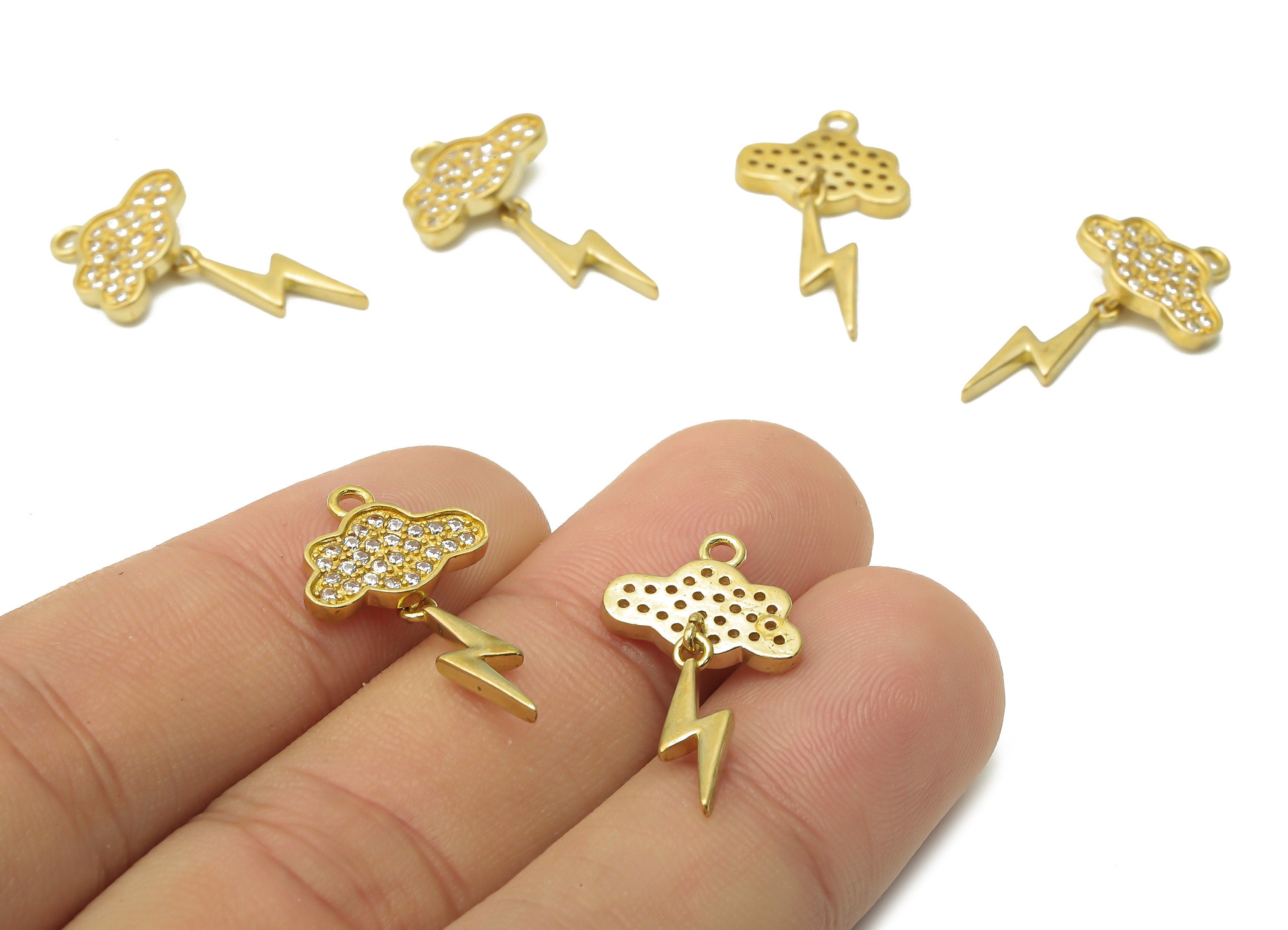 Brass Cloud Lightning Earrings with Zircon - Raw Brass Cloud Pendant - Raw Brass Lightning Pendant with Zircon - 24.56x13.6x1.65mm - PP7626 - DOMEDBAZAAR