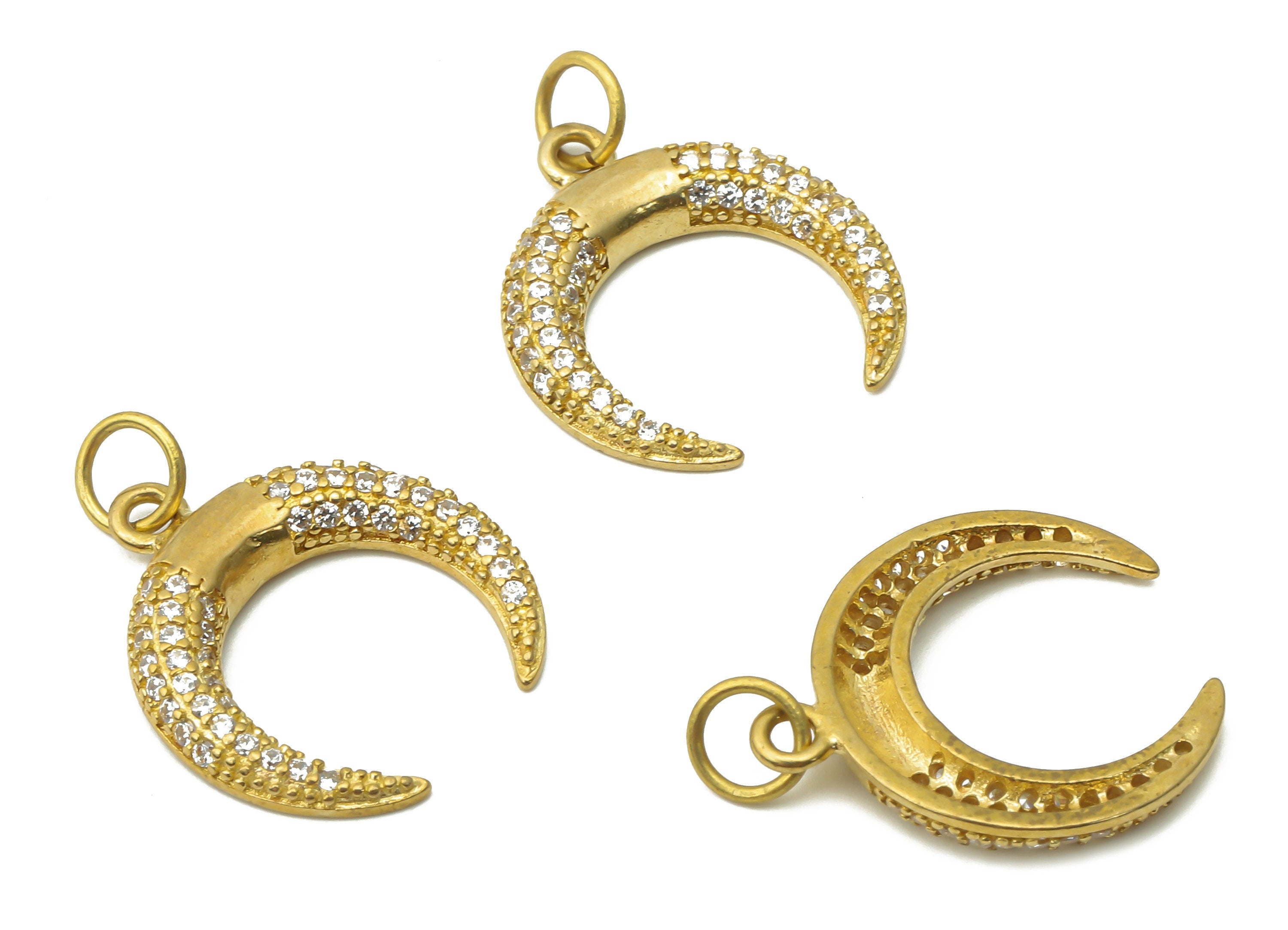 Brass Crescent Earring Charms - Raw Brass Moon Pendant with Zircon - Brass Moon Pendant - Raw Brass Charm - 20.95x16.14x2.48mm - PP7629 - DOMEDBAZAAR