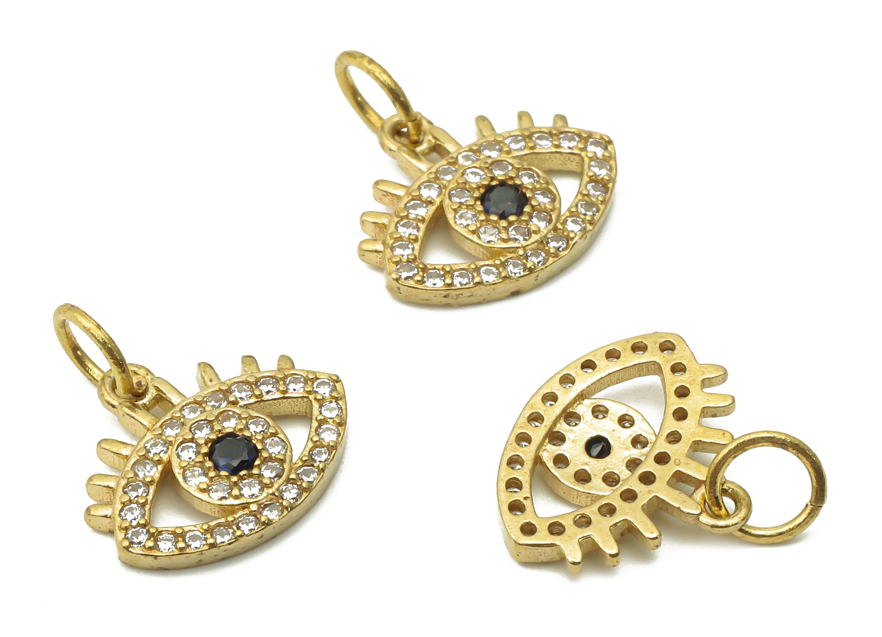 Brass Eyelash Earring Charms - Raw Brass Eye Pendant with Black Zircon - Brass Round Eye Earrings - 13.66 x 12.11 x 1.56mm - PP7631 - DOMEDBAZAAR