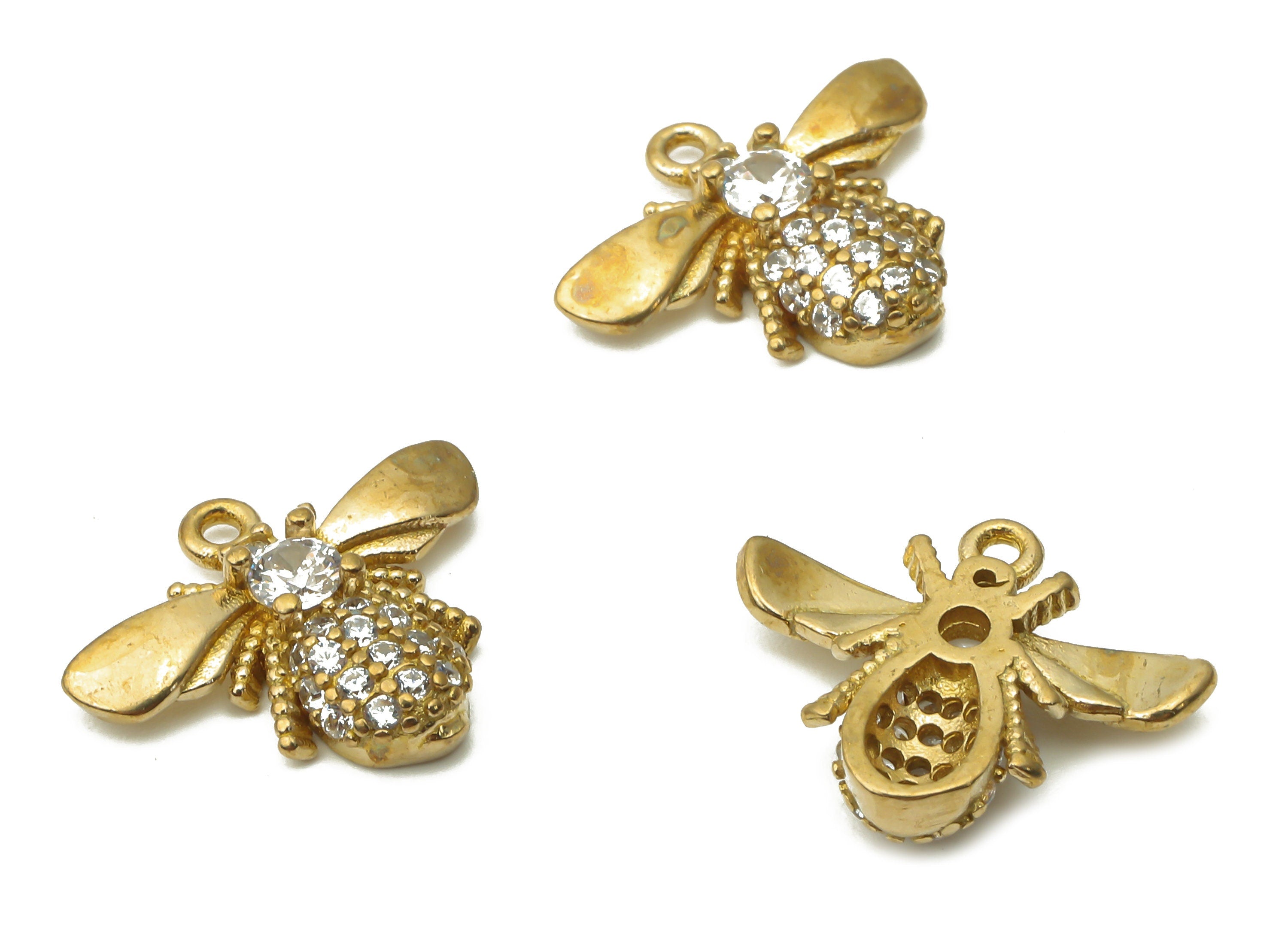 Brass Bee Earring Charms - Raw Brass Bee Pendant with Zircon - Raw Brass Wings Earring - Raw Brass Bee Charm - 15.84x12.74x3.2mm - PP7634 - DOMEDBAZAAR