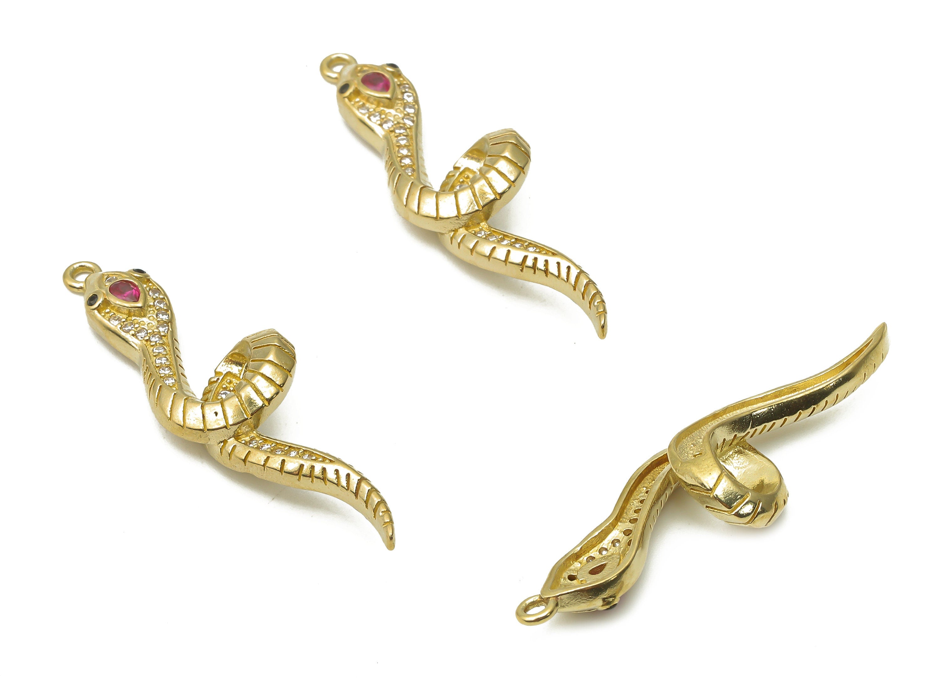 Brass Snake Pendant - Raw Brass Snake Textured Necklace with Zircons - Raw Brass Snake Charm with Pink Zircon - 39.2x11.08x2.04mm - PP7650 - DOMEDBAZAAR