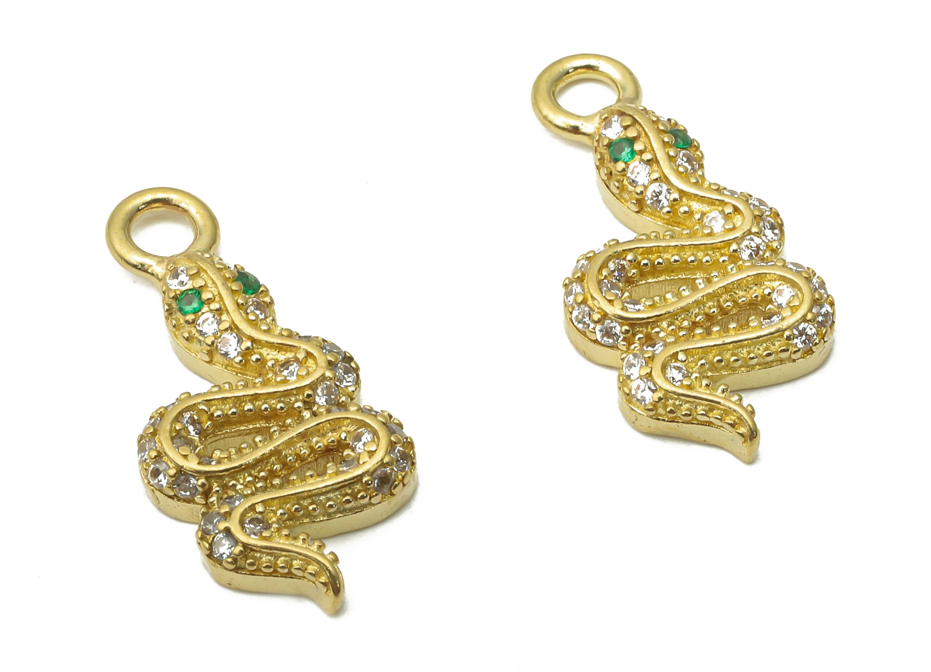 Brass Snake Charms - Raw Brass Dot Snake Pendant with Zircons - Snake With Green Eyes Necklace - Earring Charm -  21.9x10x3.16mm - PP7654 - DOMEDBAZAAR