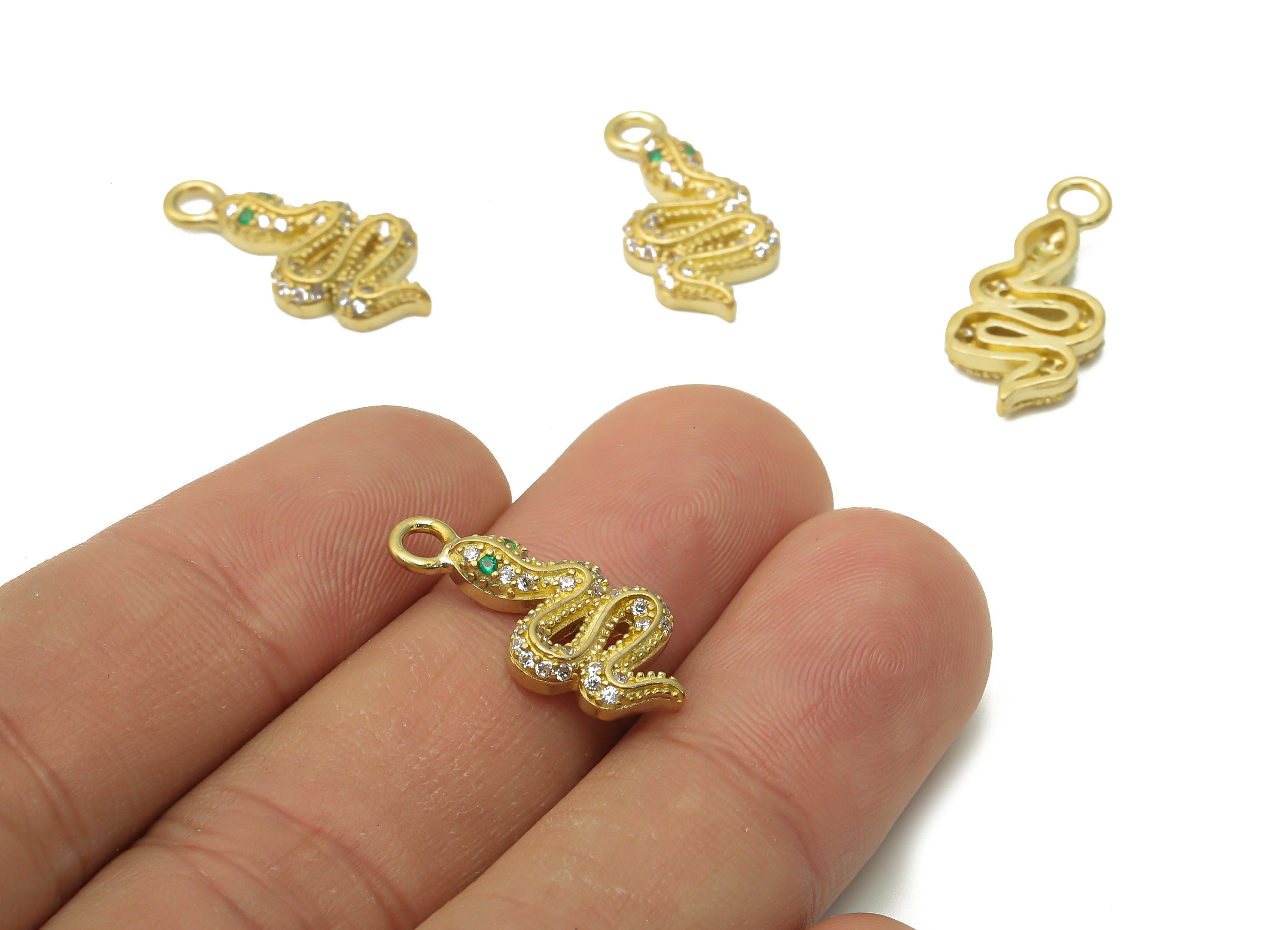 Brass Snake Charms - Raw Brass Dot Snake Pendant with Zircons - Snake With Green Eyes Necklace - Earring Charm -  21.9x10x3.16mm - PP7654 - DOMEDBAZAAR